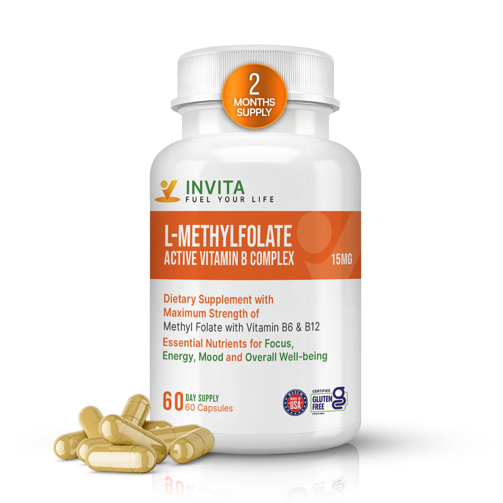 INVITA, L-Methylfolate 15mg + Active Vitamin B Complex – 60 Capsules - 5-MTHF Supplement with Vitamin B6 & B12 Methylcobalamin for Mood, Energy and Heart – Non-GMO, Gluten Free, 2-Month Supply