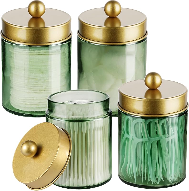 Amolliar Tarro de boticario de vidrio verde, soporte Qtip para decoración de baño, paquete de 4 dorados | Recipiente de baño con tapa de Metal, juego de accesorios de baño Q Tip para bolas de algodón, hisopos, almohadillas, recogedor de hilo, organizador de almacenamiento