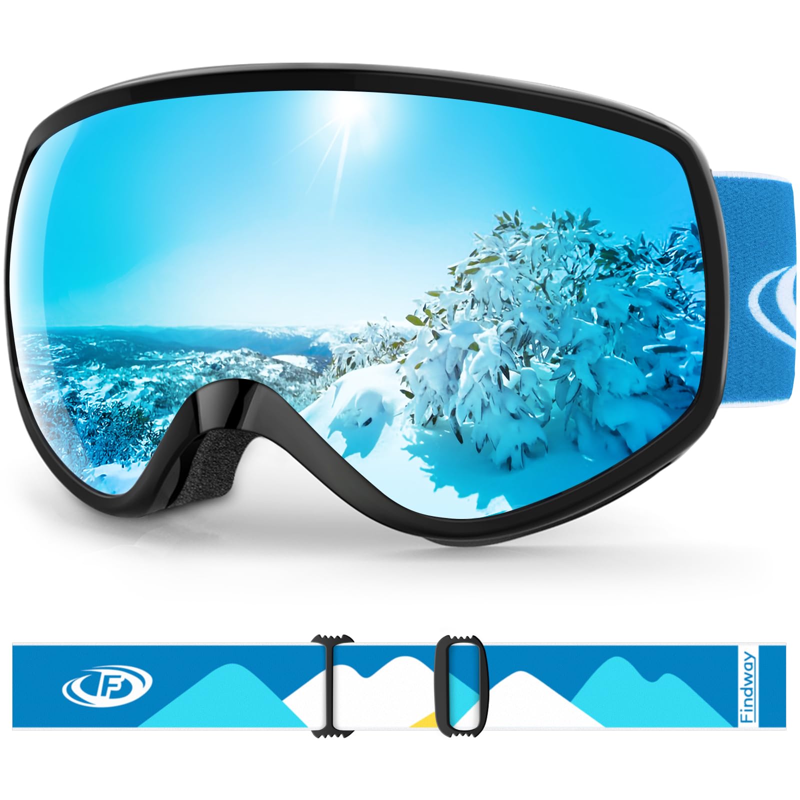 Findway Kids Ski Goggles,Kids Skiing Snow Goggles for Boys Girls Childrens,OTG 100% UV Protection Anti-fog for Ski Snowboard Ages 3-12,Black/Saphirblau — image 1