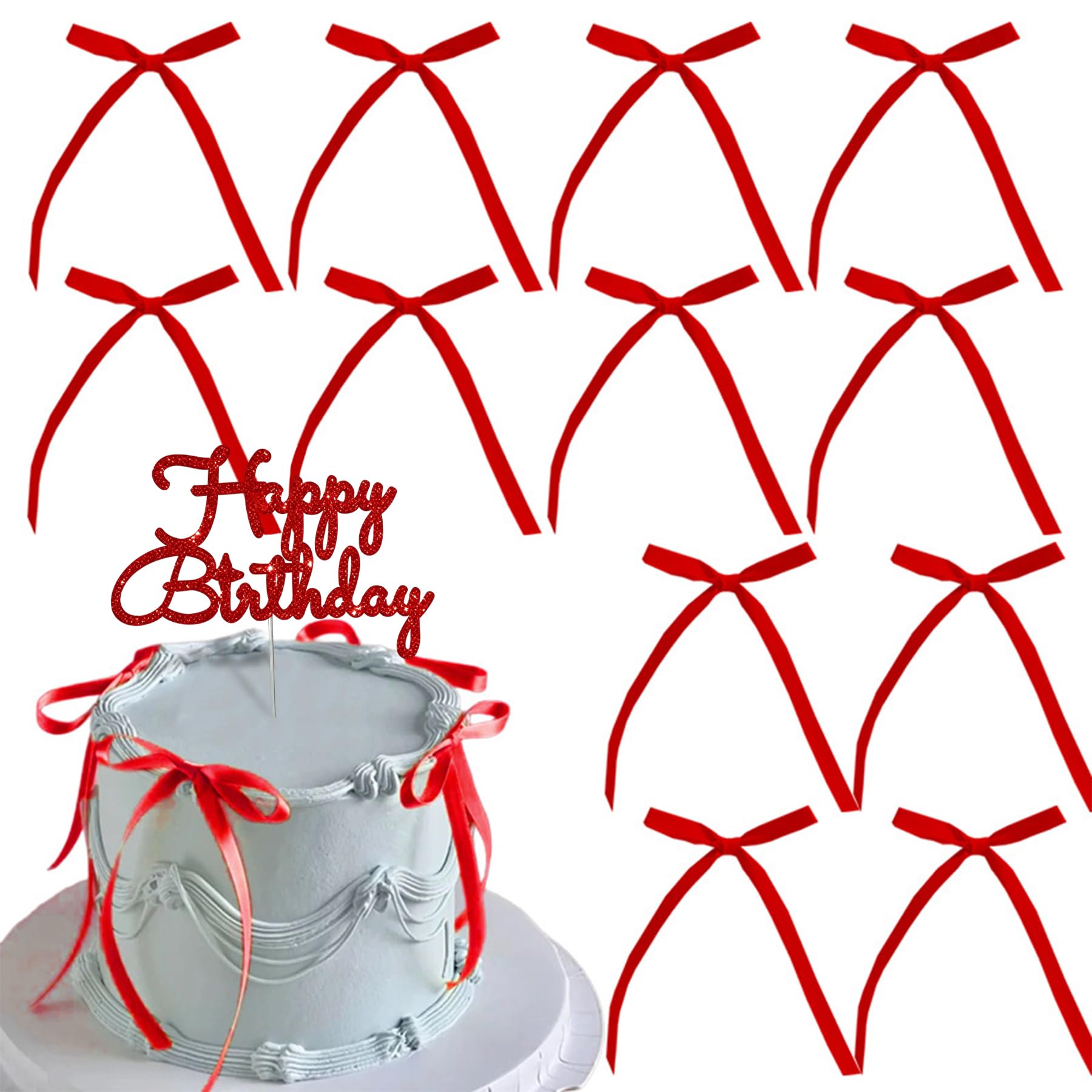Bow Cake Toppers - Red Bow Cake Topper, Red Bowknot Ribbons, Reds Birthday Cake Topper, 20pcs Reds Cake Decorations for Birthday Bachelorette Wedding Party Anniversary, with Happy Birthday Sign