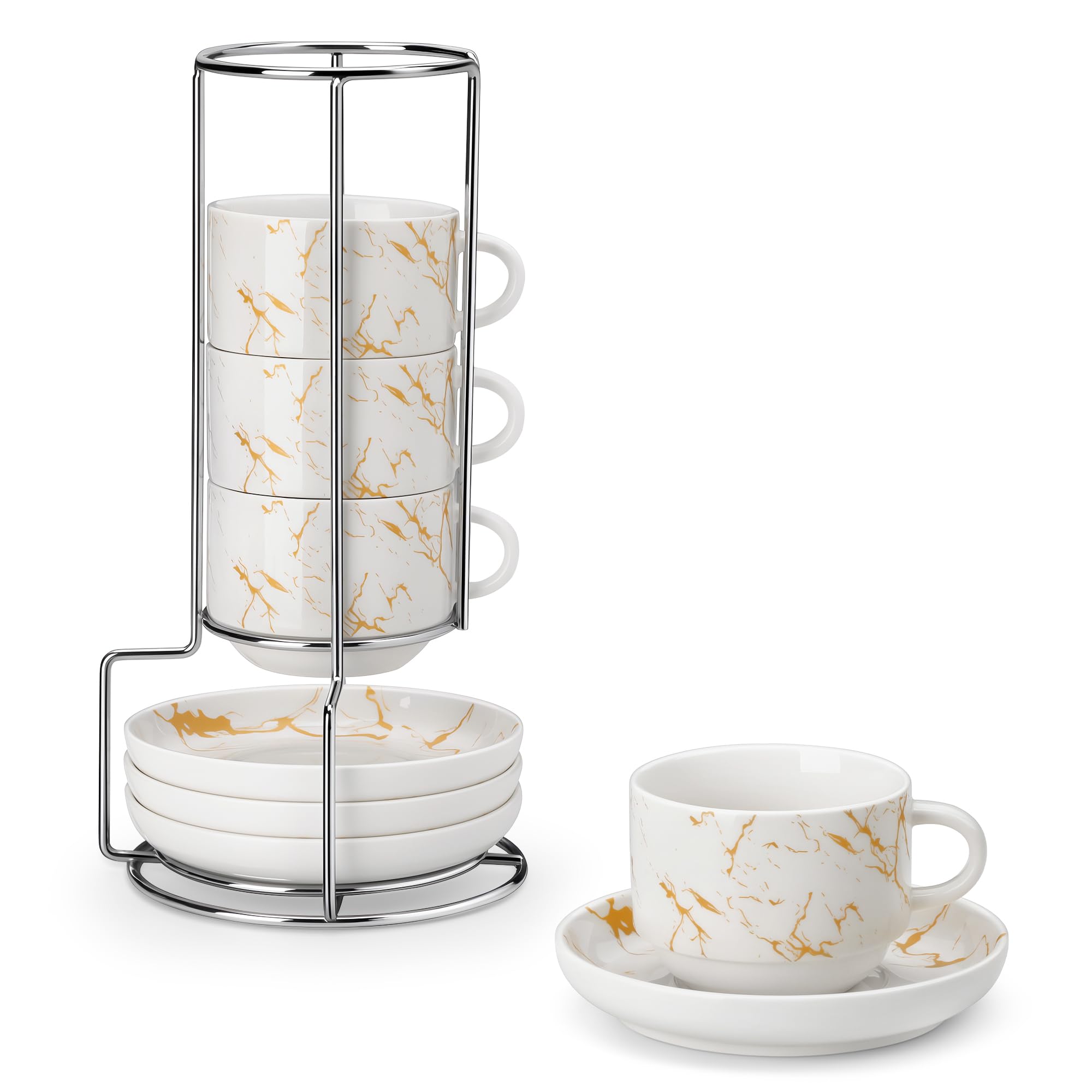 MALACASA Porcelain Espresso Cups Set of 4, with Saucers and Metal Stand, 8 Ounce Stackable Cappuccino Cups, Expresso Shots Cup Ceramic Demitasse Mugs, Marble White