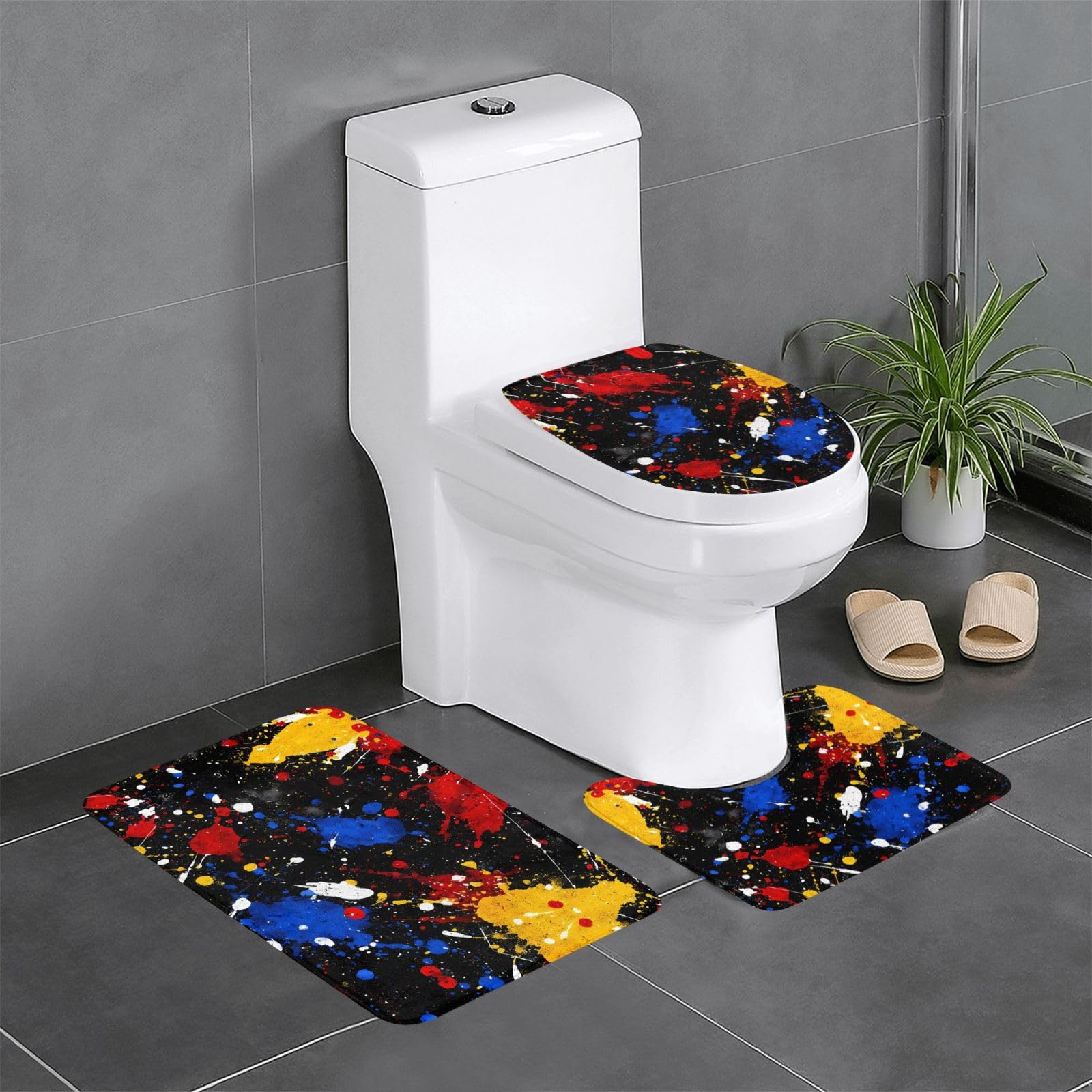Tapis de salle de bain antidérapants lot de 3 pour WC et coiffeuse motif abstrait 60x40 cm