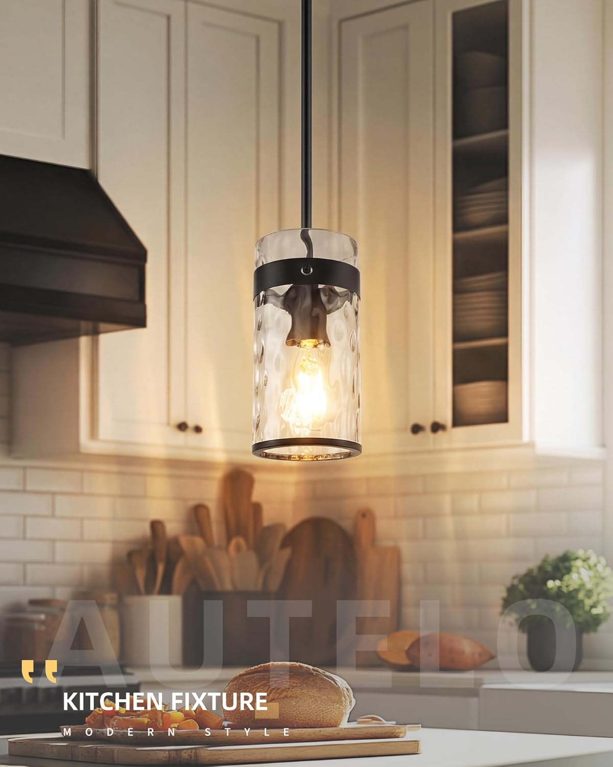 AUTELO 2 Pack Black Pendant Light, Glass Pendant Lights Kitchen Island with Hammered Glass, Modern Hanging Lamp with Adjustable Rods for Kitchen Dining Room, H-2529 HMBK2PK