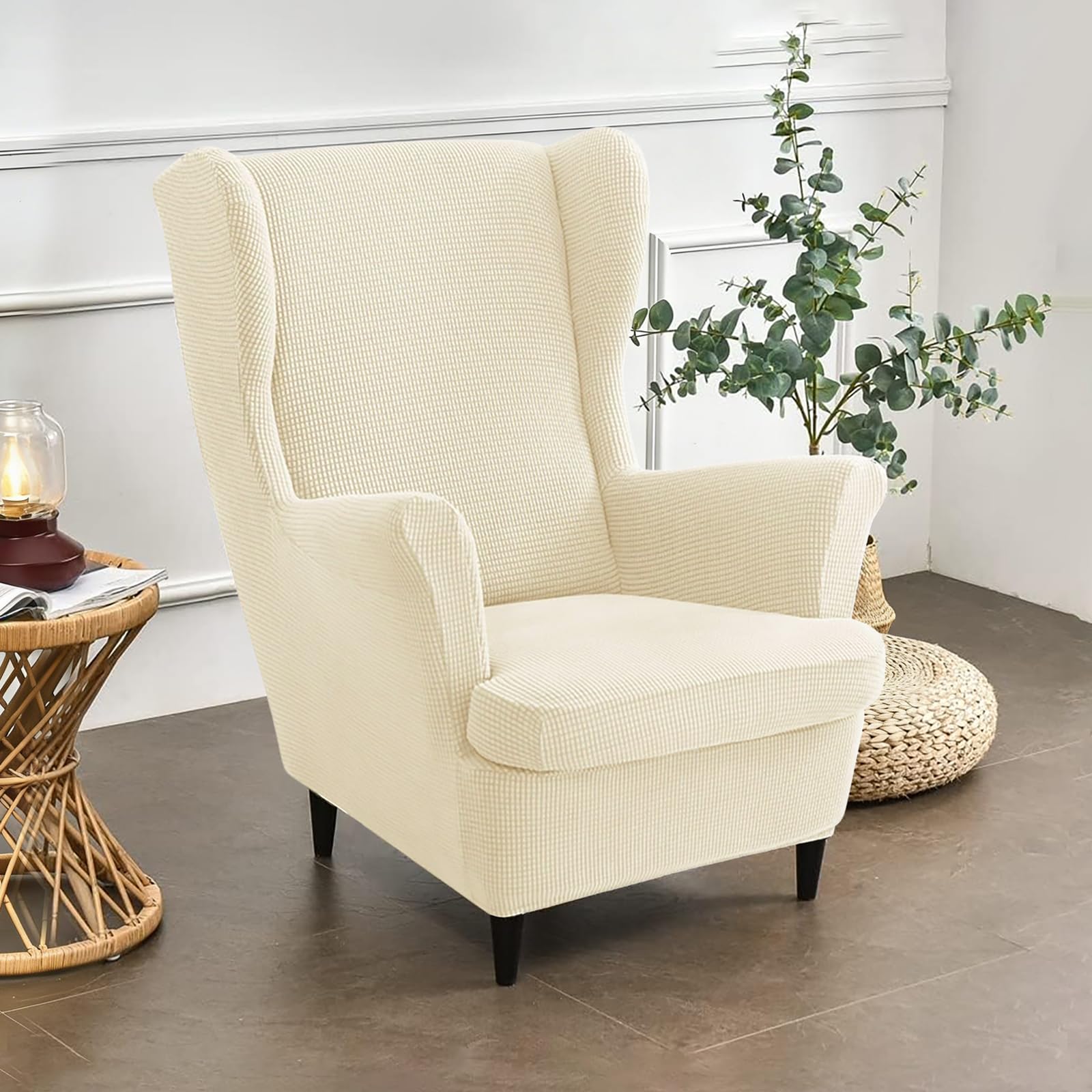 Bocguy Wingback Chair Covers – 2-Piece Stretch Wing Chair Cushion Sofa Slipcover, Removable Velvet Wing Back Armchair Furniture Protector for Living Room, Bedroom, and Hotel
