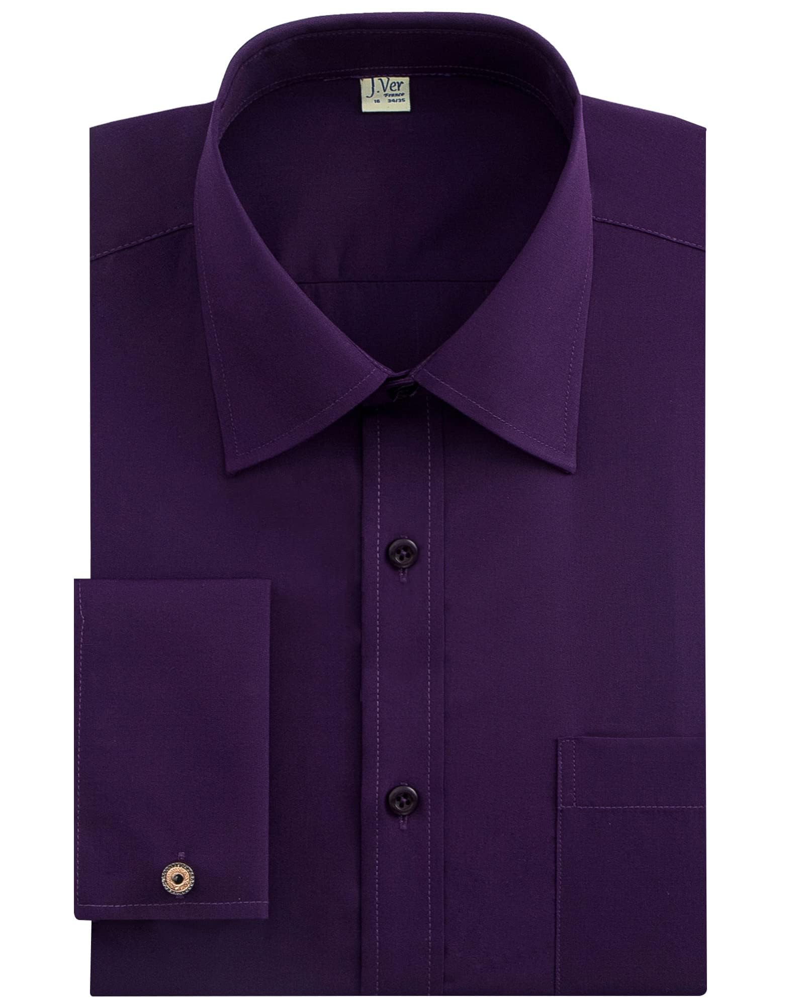 Photo 1 of J.VER Men's French Cuff Dress Shirts Regular Fit Long Sleeve Spread Collar Metal Cufflink Purple 16 Neck-32 Sleeve