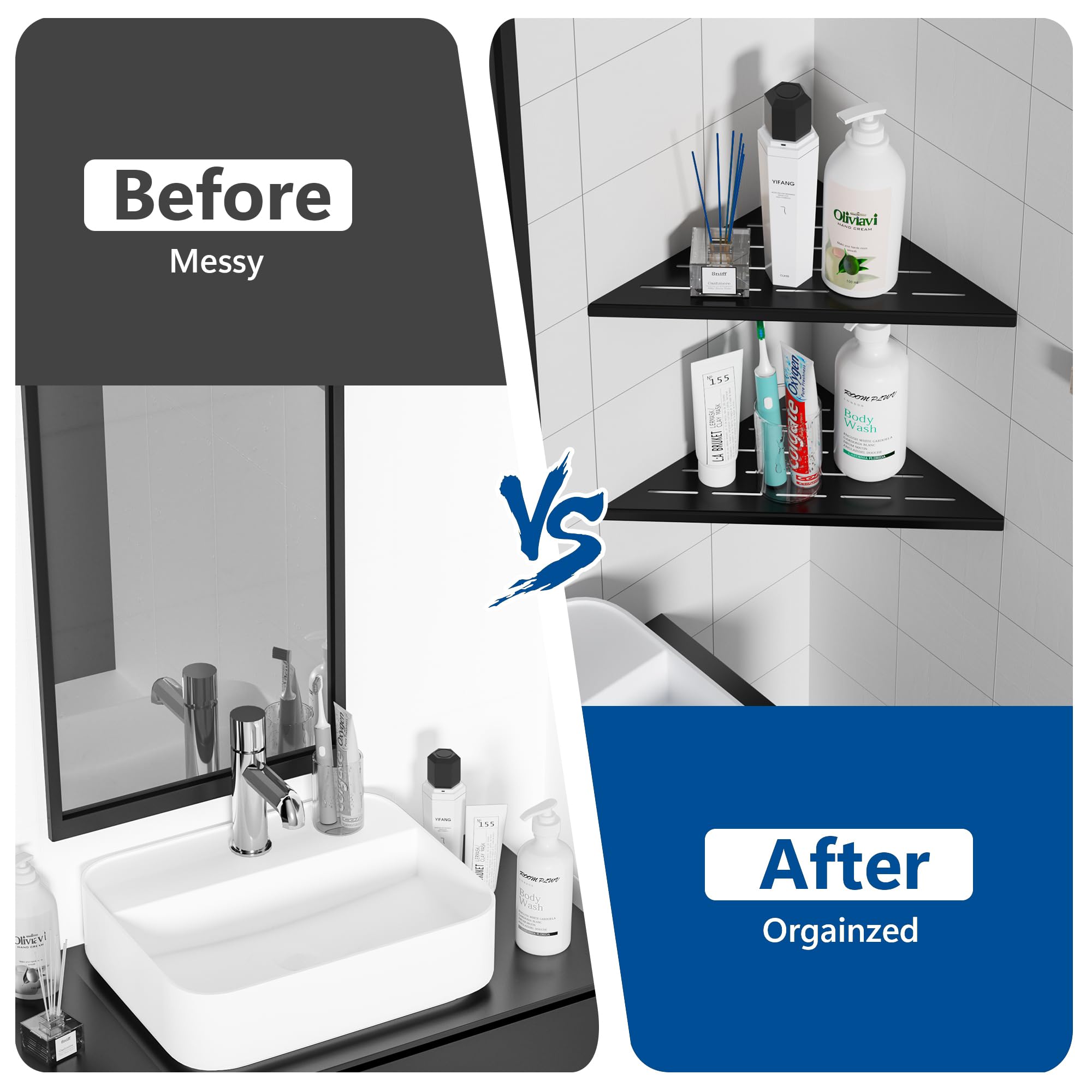Neodrain Corner Shelf Shower Caddy Stainless Steel Shower Shelf Black Tiles Recessed for Bathroom Shampoo Holder 2 Pack - Image 3