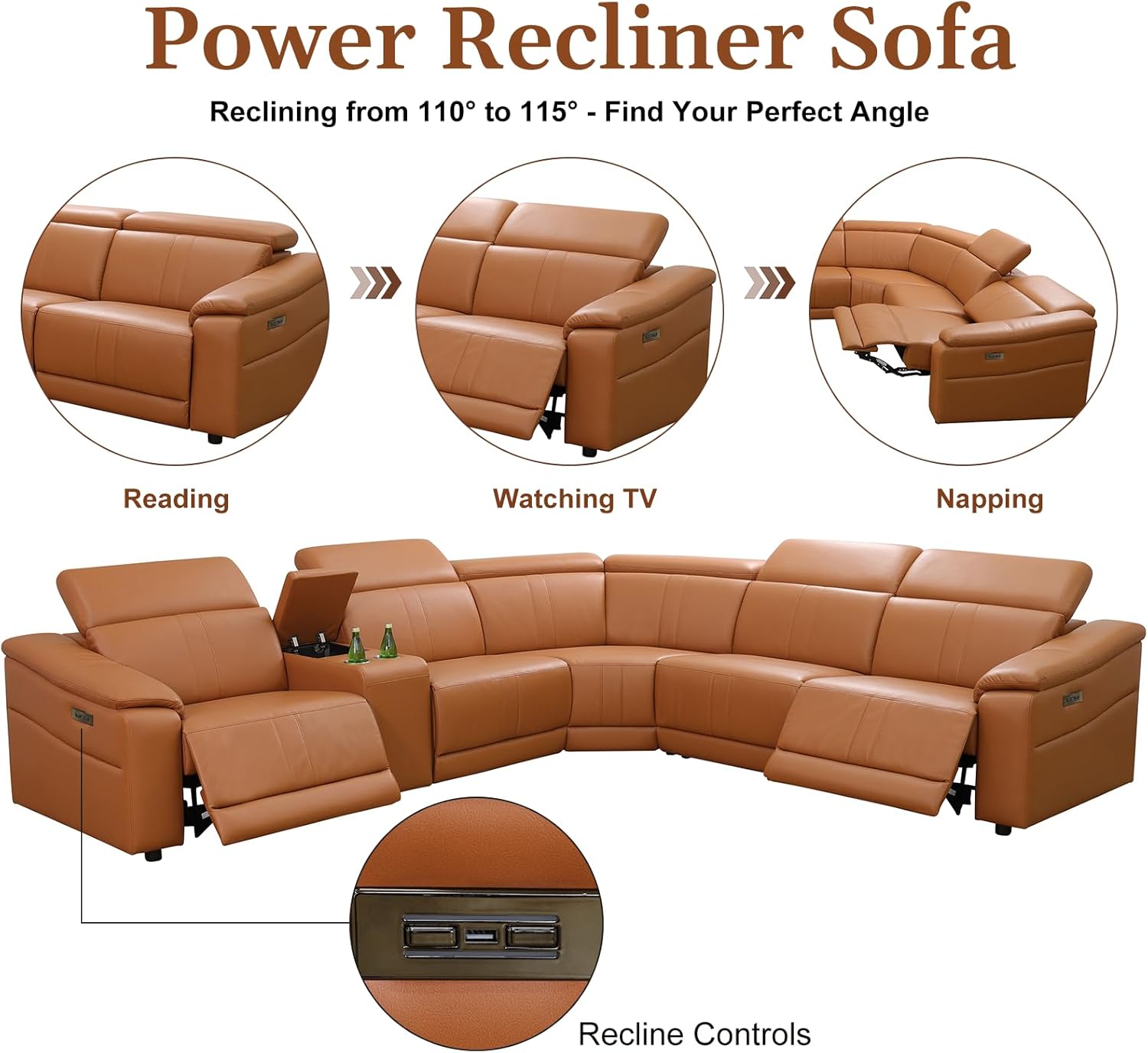 Power Recliner Sectional Sofa Set for Living Room, 6 Seats L-Shaped Leather Reclining Couch Furniture Set with Cup Holder, Storage Console, USB Ports (Brown, Sectional)