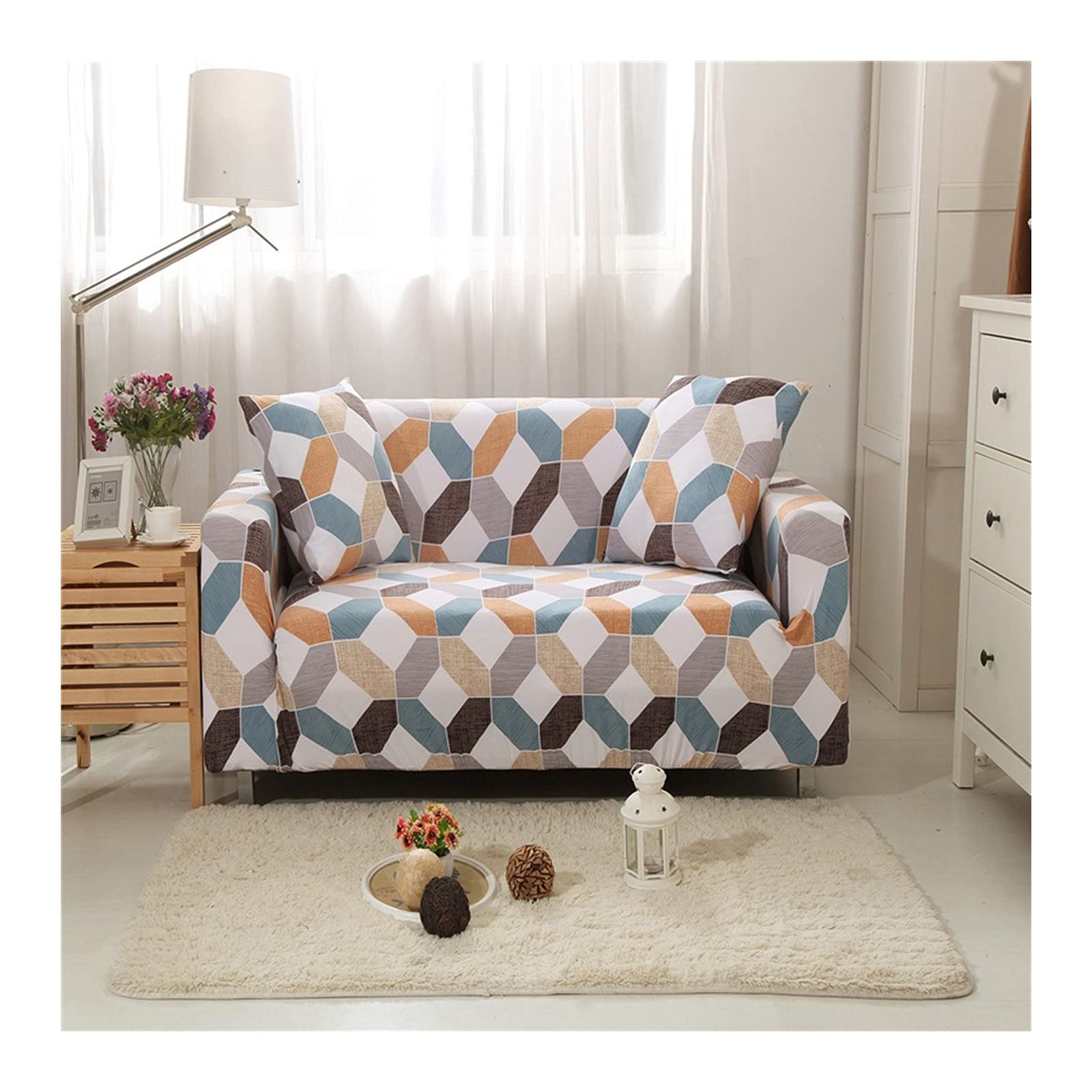 ANAZOZ Cover Couch Sofa 4 Seat,Sofa Elastic Cover Blue Gray Brown Polyester Sofa Slipcover Hexagon Pattern Sofa Couch Covers 4 Seater(235-300CM)