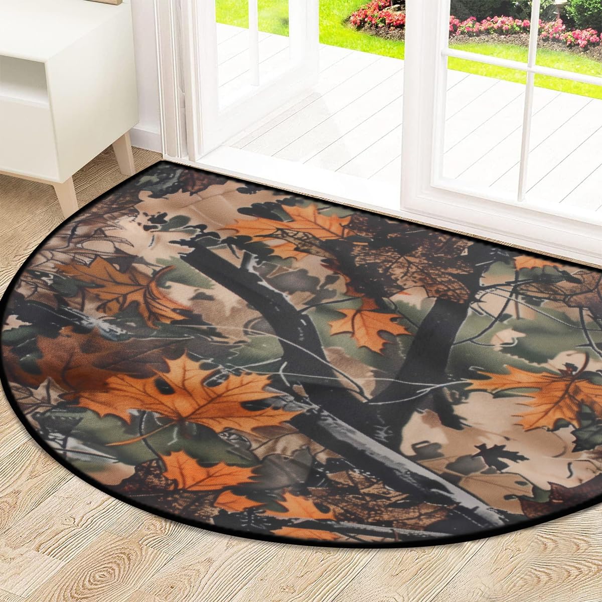 Mexpekil Paillasson demi-lune motif feuilles d'automne camouflage pour intérieur et extérieur, antidérapant, lavable, absorbant, anti-saleté, 100 x 160 cm