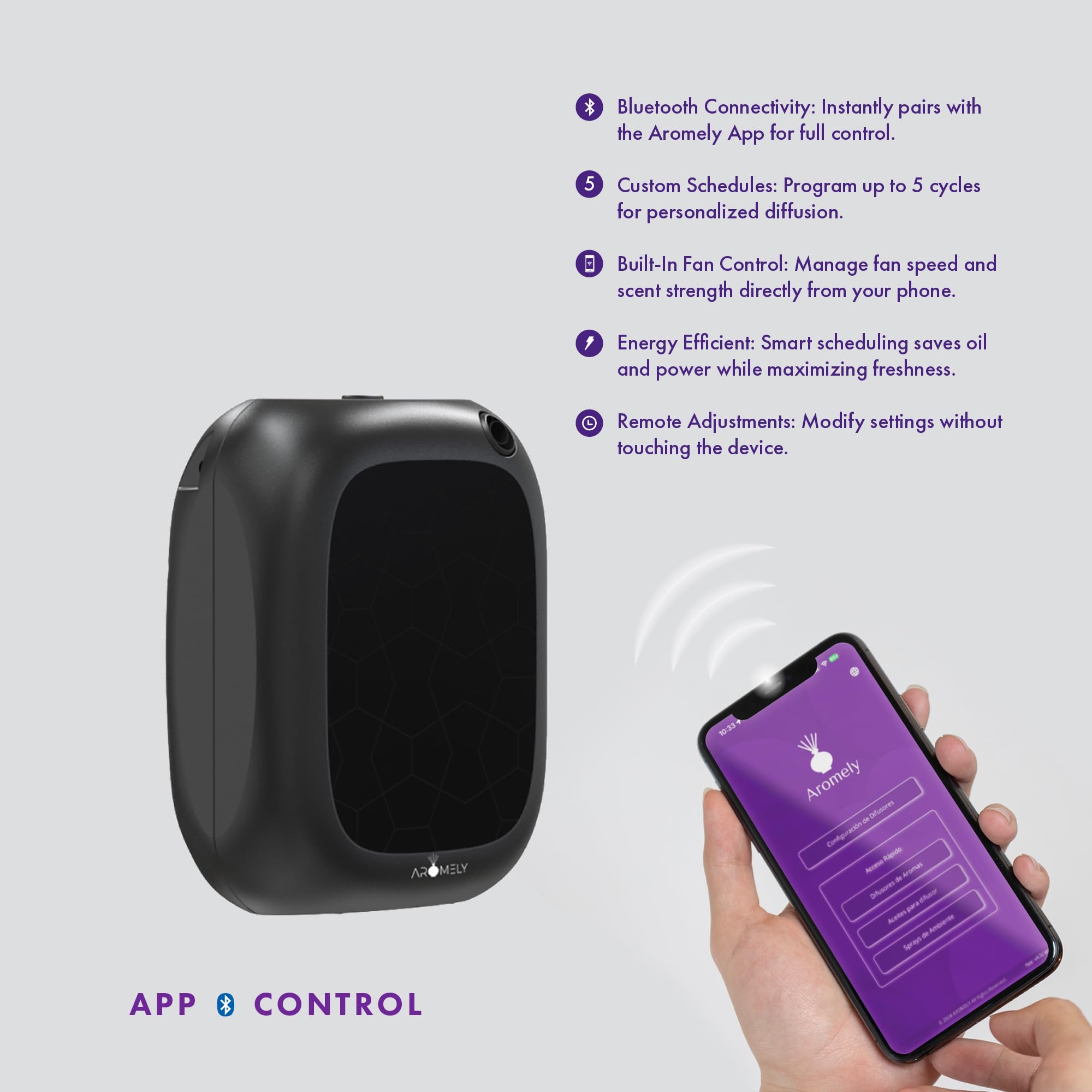 Aromely Difusor inteligente de aroma de aromaterapia nebulizante Bluetooth, difusor de aceites esenciales para el hogar, spa y oficina, difusor de aroma sin agua, ambientador perfecto controlado por