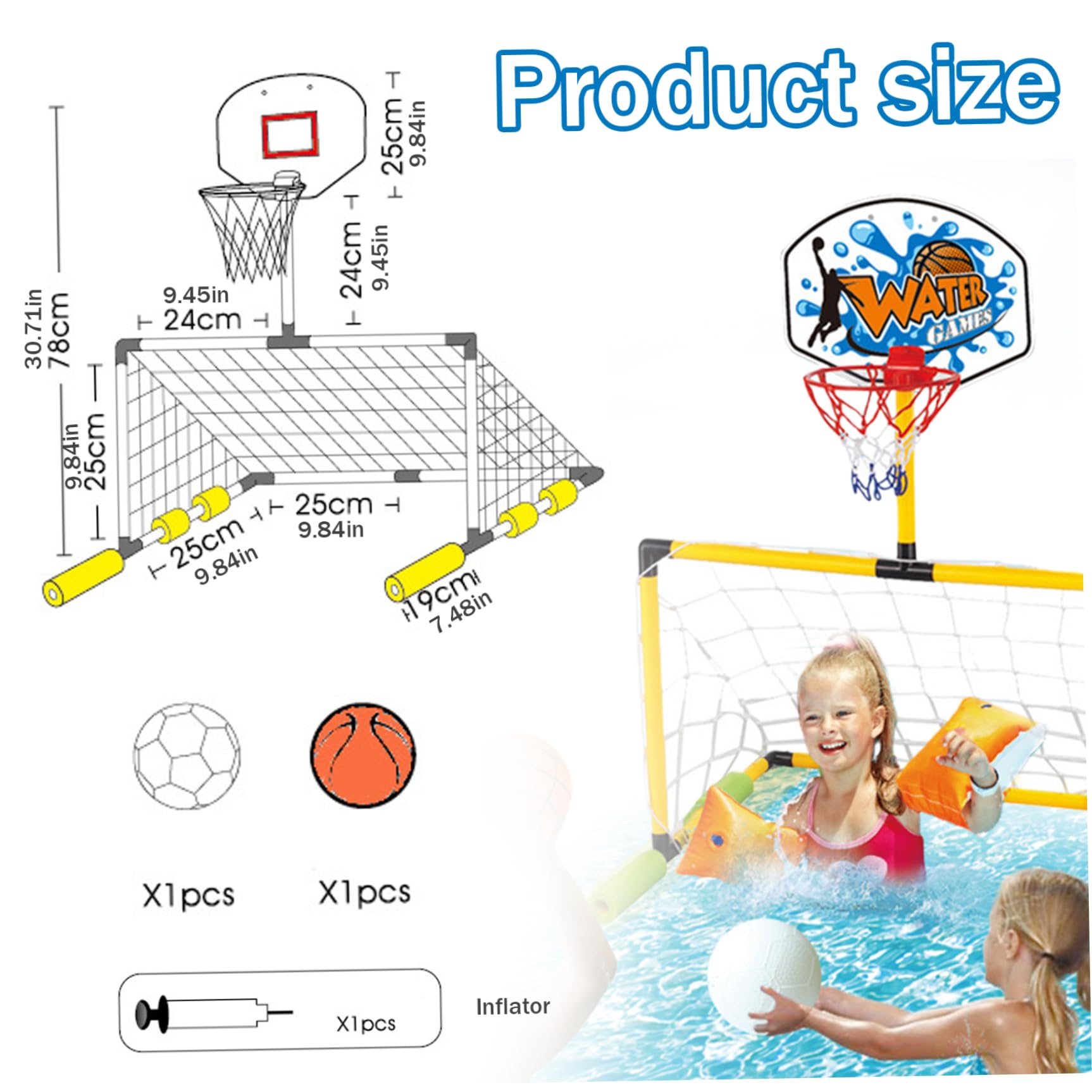 Cerceau de Basket-Ball Flottant pour Piscine 2 en 1, But de Football et Panier Basket-Ball Piscine détachable avec 2 balles pour Enfants et Adultes