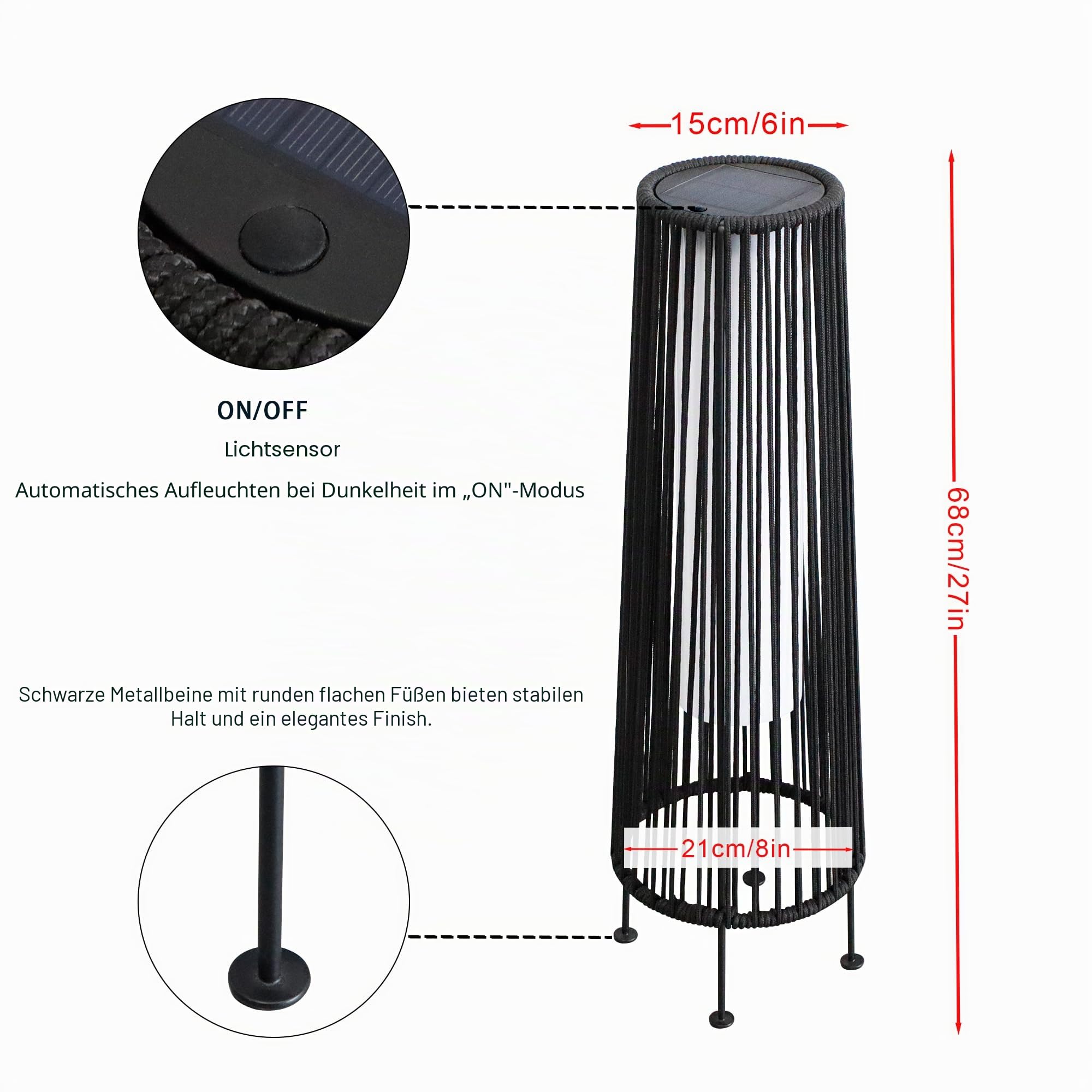 TRIROCKS Außenstehlampe, 2-Teilige Solarbetriebene Laterne, Geflochtene Solar-Terrassenlampe mit Olifen-Seil, Wasserdichtes Rattan-Solar-Decklicht (Schwarz)