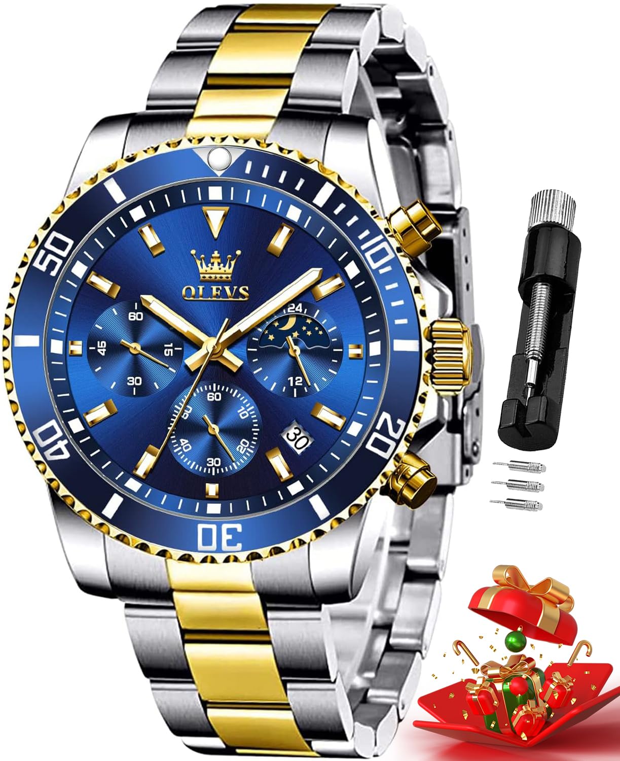 OLEVS Diamond Watches for Men,Business Dress Watch Waterproof Luminous,Male Golden Big Dial Luxury Casual Quartz Analog Watches with Day Date Calendar and Stainless Steel Band