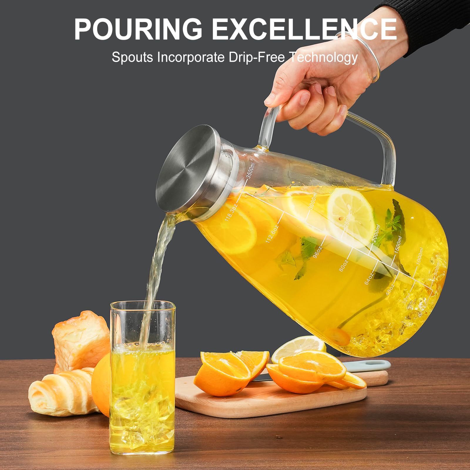 Jarra de vidrio con tapa, jarra de agua de vidrio de 125 onzas con línea de escala precisa, jarra de té helado grande de acero inoxidable, vidrio de borosilicato grueso fácil de limpiar para bebidas