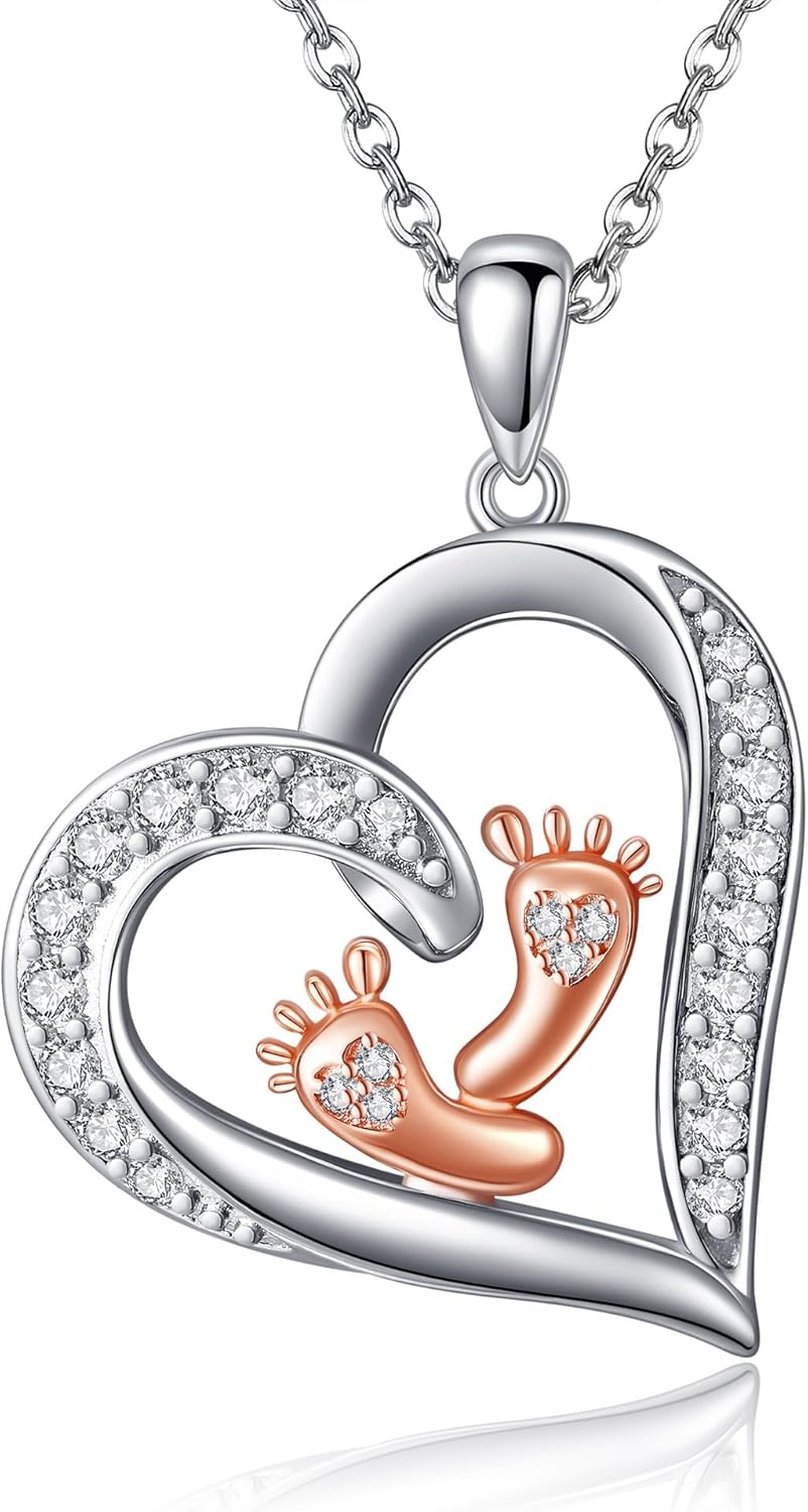 ONEFINITY New Mom Gift Necklace Sterling Silver Baby Feet Heart Pendant Necklace New Mom Jewelry for Women Mom