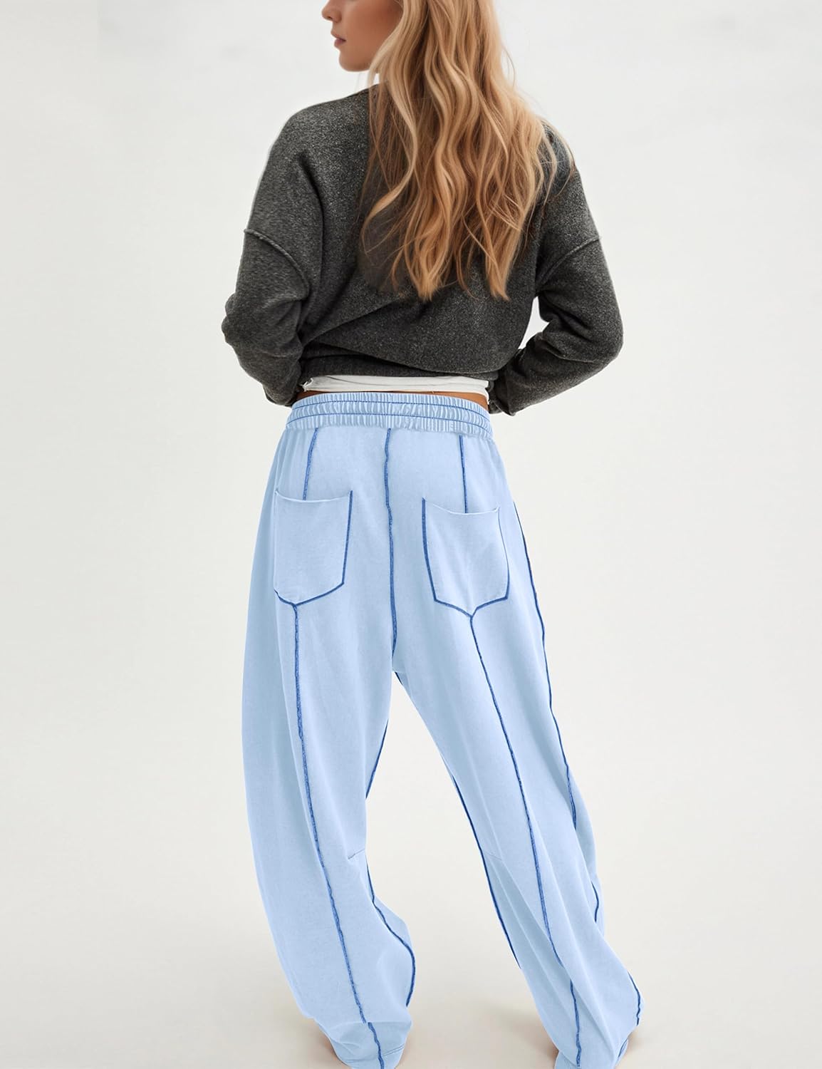 Summer Casual Wide Leg Pants for Women Drawstring Baggy Barrel Sweatpants High Waist Palazzo Lounge Pant with Pockets - Image 3
