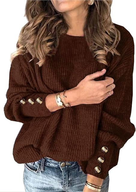 LEIYEE Sweaters pour les femmes Automne Casual Pull-over Col d'équipage Dolman Batwing manches longues tricot Tops Chemises avec boutons