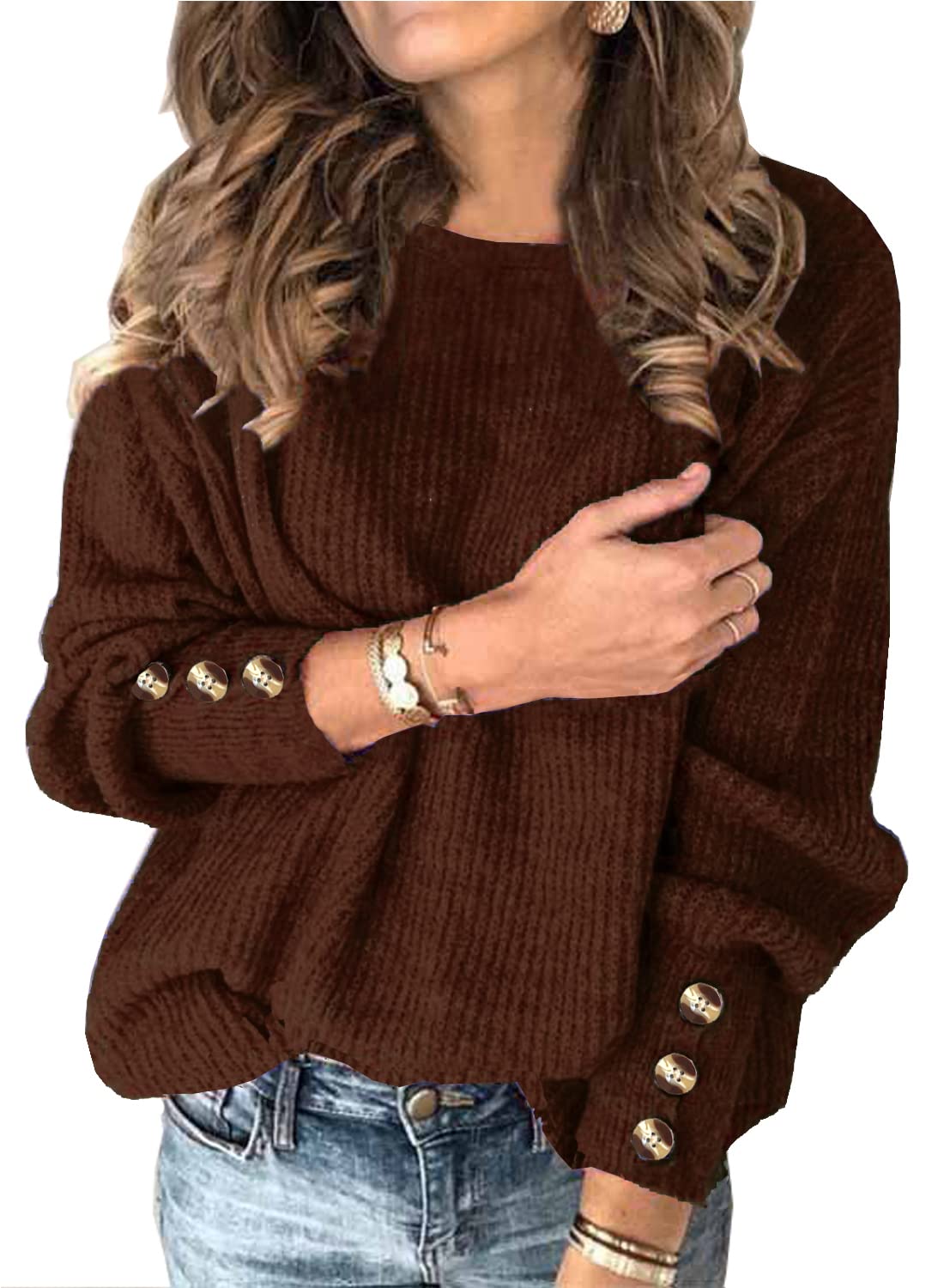 Womens Pullover Sweaters Batwing Long Sleeve Crewneck Casual Loose Knit Jumper Tops with Buttons