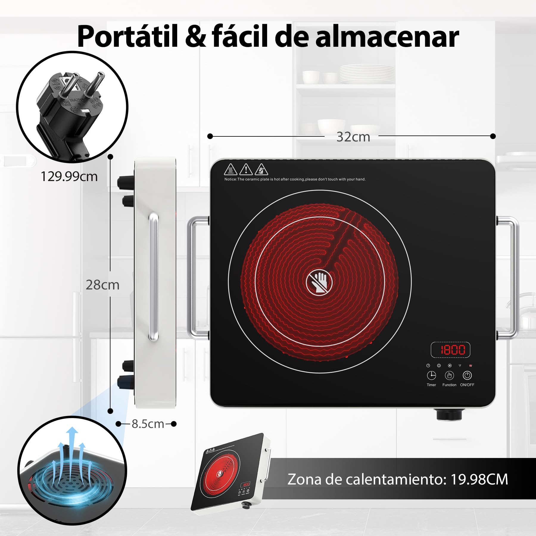 VBGK vitro portatil 1 fuego,220V Toque y perilla placa vitroceramica portatil,2000W vitroceramica portatil,10 niveles de potencia, bloqueo de seguridad para niños y temporizador 4H,