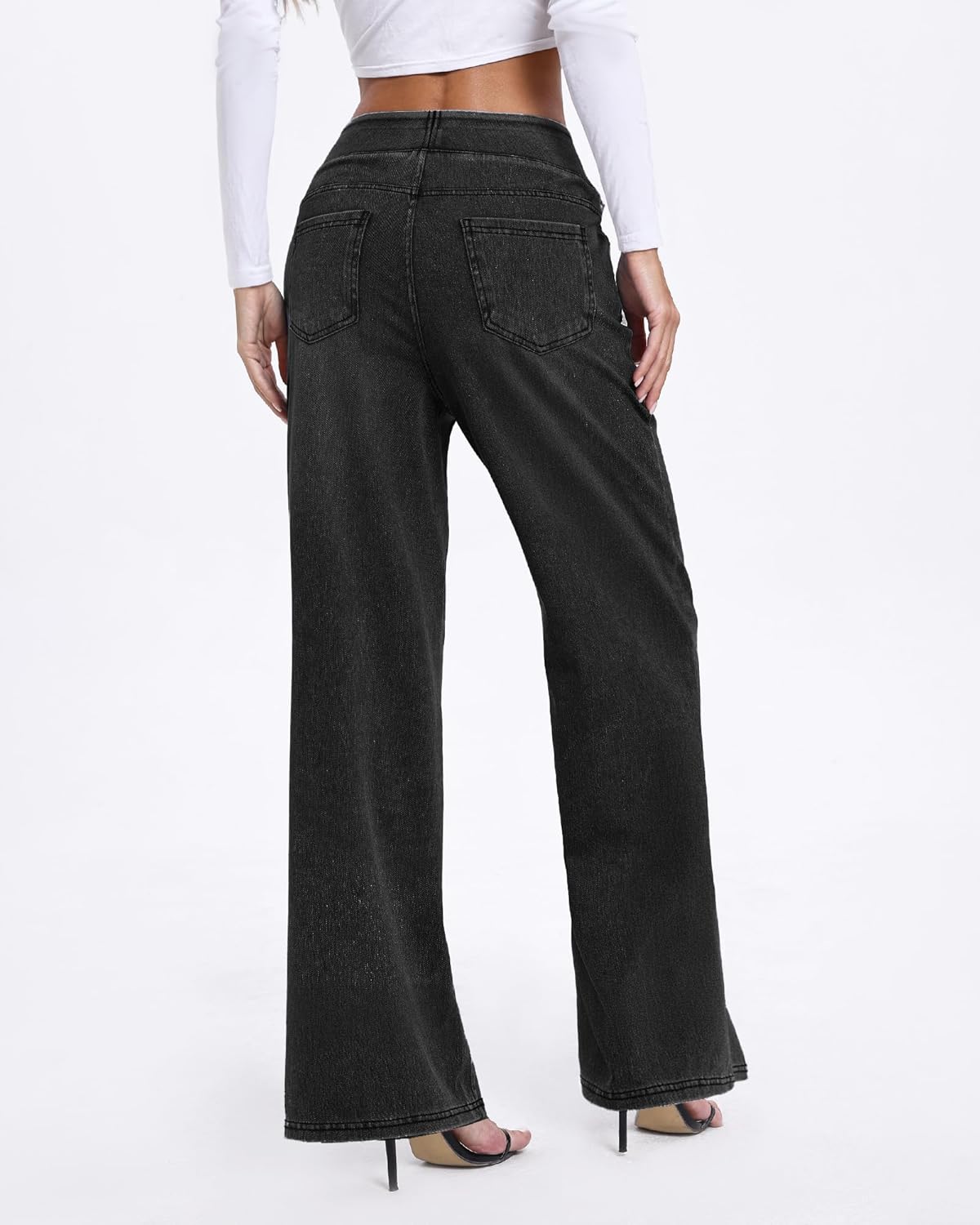 Wide Leg Pull On Jeans Womens High Rise Stretchy Jeans Denim Pants with Elastic Waist Tummy Control Straight Leg Pant - Image 2