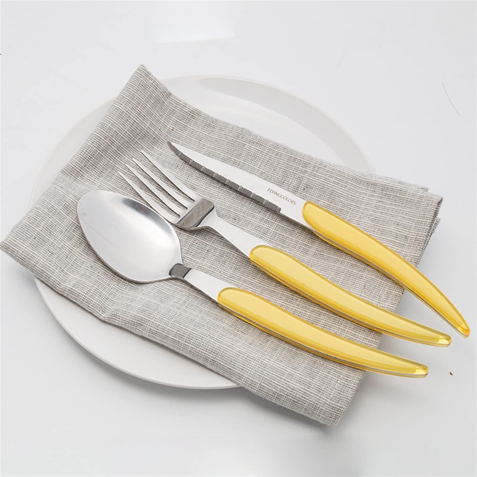 Juego de 20 cubiertos transparentes de doble capa con mango curvado, hoja dentada y vajilla de acero inoxidable suave para comedor y entretenimiento
