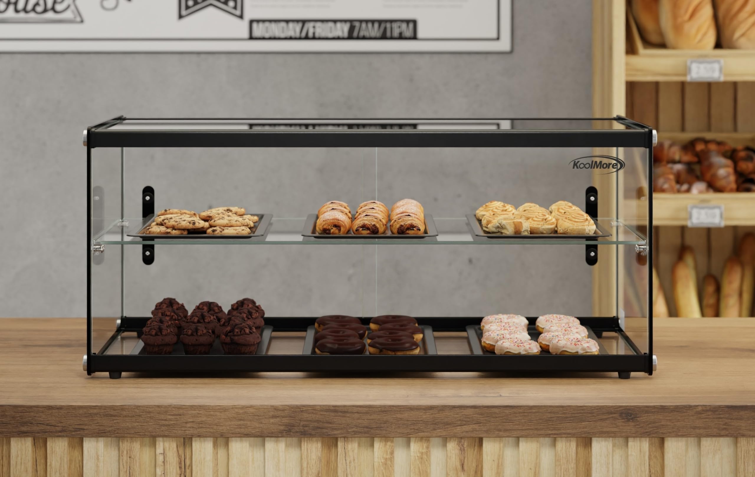 KoolMore Vitrina de repostería de 2 Niveles de 33 Pulgadas con Estante de Vidrio y Puerta corredera, Capacidad de 3.2 pies cúbicos, certificación ETL (KM-DC-3CSBK)