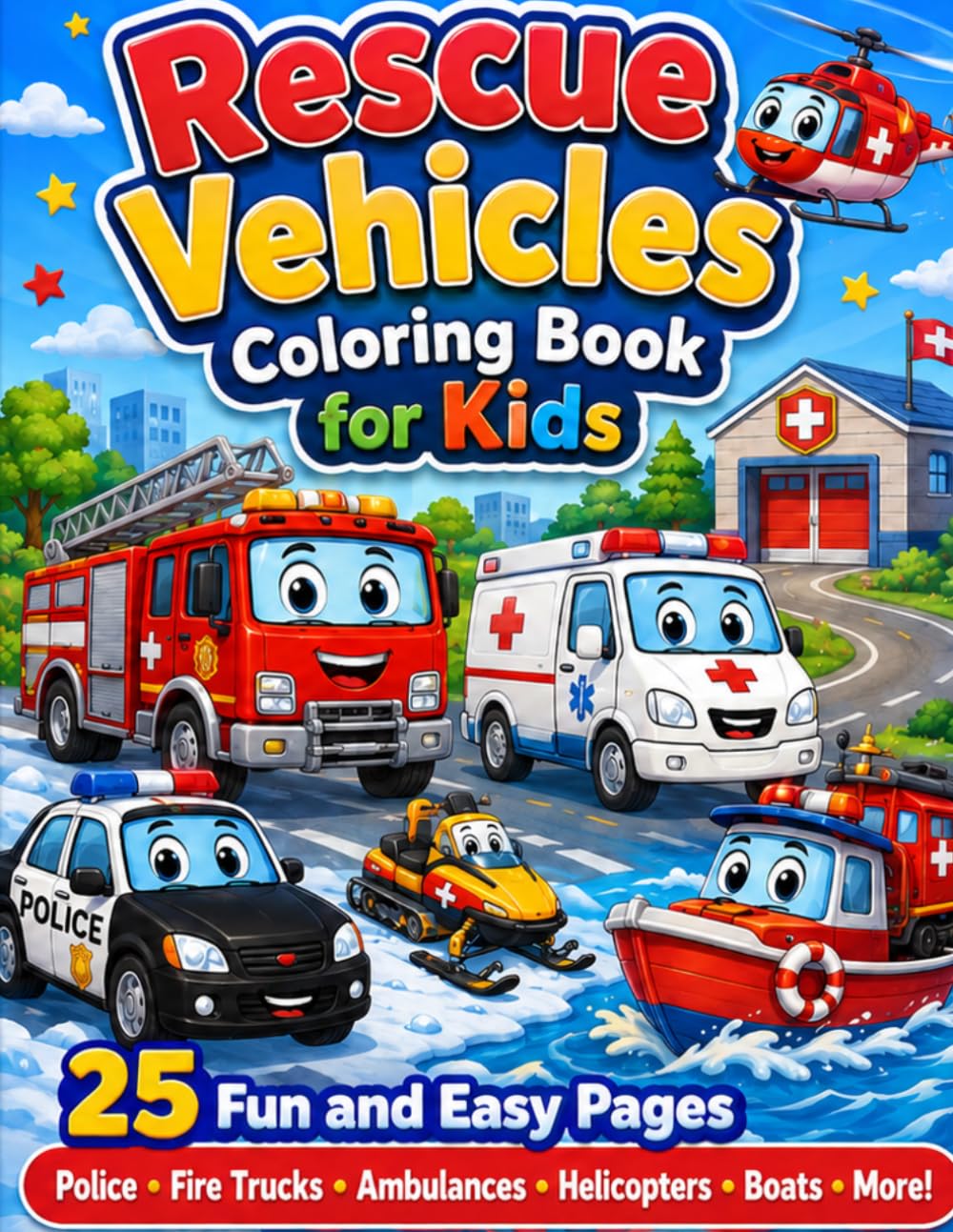 Rescue Vehicles Coloring Book for Kids: 25 Fun and Easy Coloring Pages with Police Cars, Fire Trucks, Ambulances, Helicopters, Boats and More for Ages 4-8