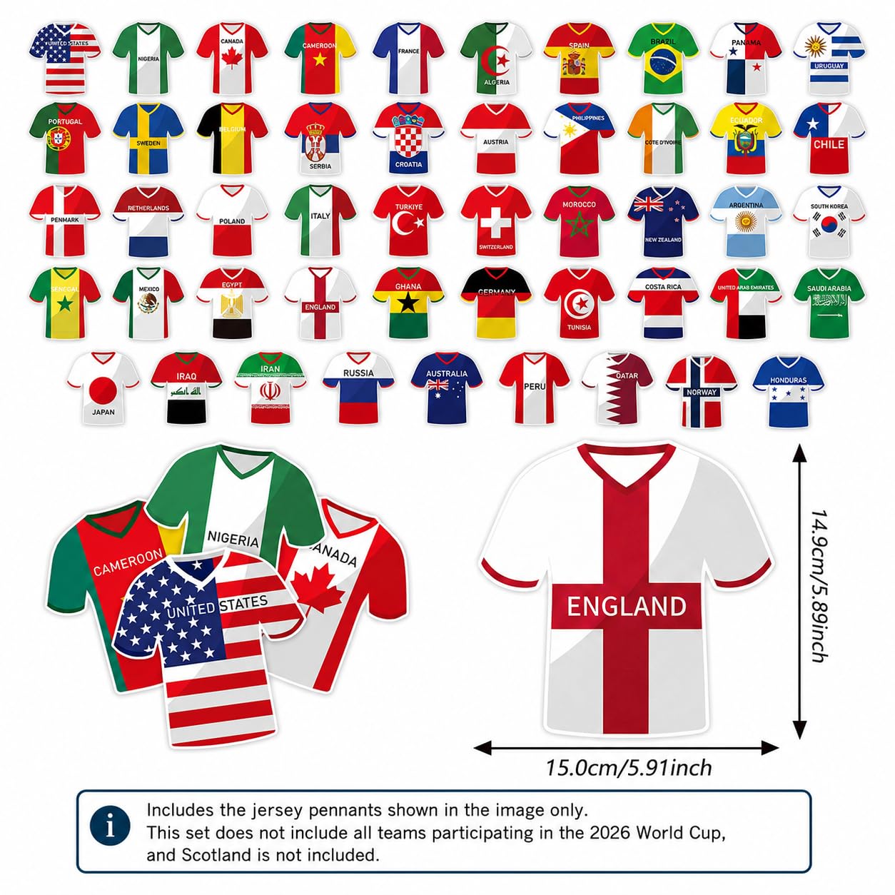 Banderines de fútbol 2026, decoración de torneo de 49 piezas, camiseta de banderas de país, guirnalda para decoración de bares deportivos y fiestas de fans (15 x 15 cm, banderín de papel de 20
