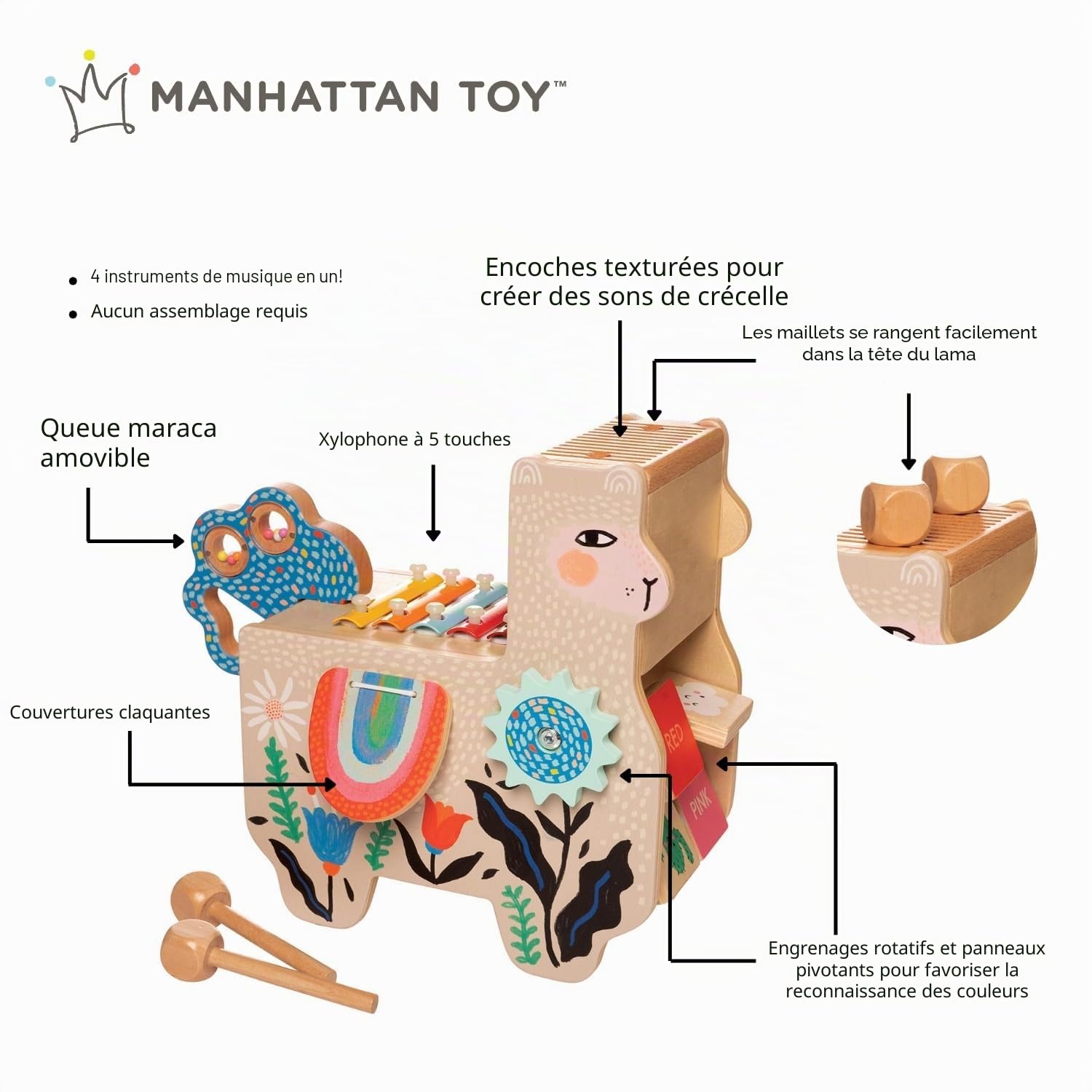 ManhattanToy 217120 Instrument de Musique Llama en Bois avec Maraca, Sacoche de Selle Clack, Baguettes, Toilette et Xylophone - version anglaise