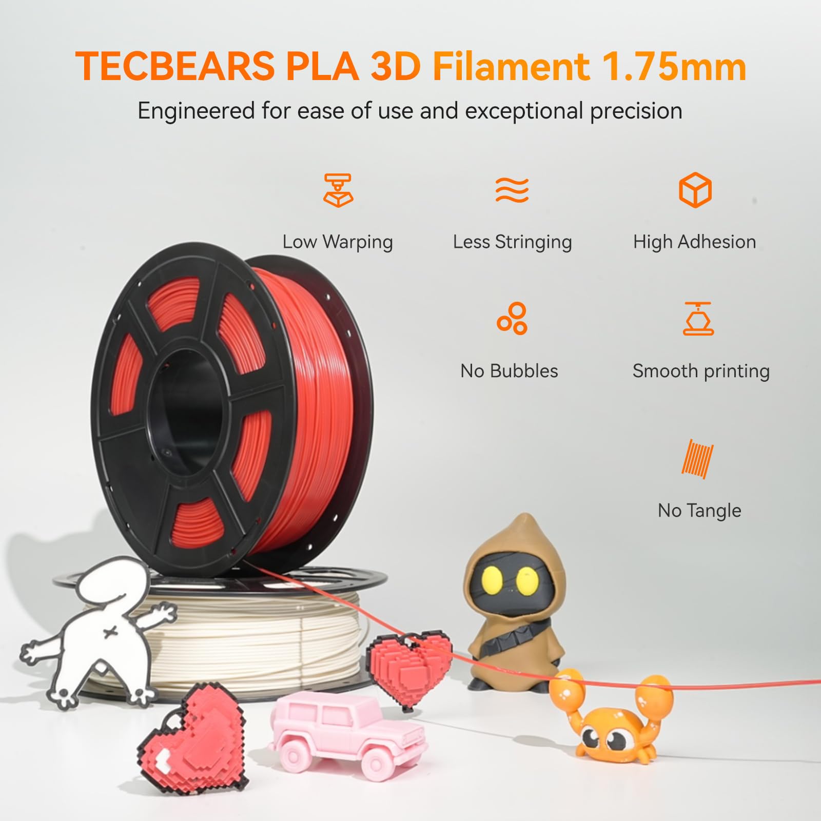 TECBEARS Filament PLA, 1,75 mm czarny, 1 kg, materiały do druku 3D, opakowanie próżniowe, dokładność pomiaru +/- 0,02 mm, szpula 1 kg (2,2 kg) filament PLA do inteligentnego drukowania