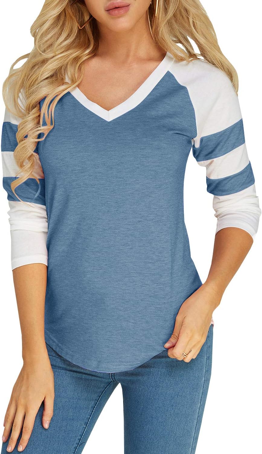Foshow Womens Long Sleeve Baseball Tee Jersey Striped V Neck Blouses Tee Shirts