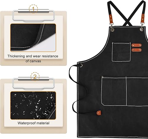 Miniatura 4 de Delantales de chef con espalda cruzada para hombres y mujeres con bolsillos, delantal de trabajo de cocina ajustable de lona de algodón para cocina