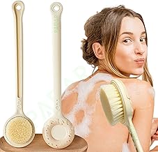 PADAR Dry Back Scrubber for Bath – with Curved Plastic Long Handle Clear Shower Brush Dry Skin Hygienic Exfoliating Cellulite Bath & Shower Brush – Gentle Body Wash Brush & Massage Scrubber for Men & Women (Doughnut Bath Brush)