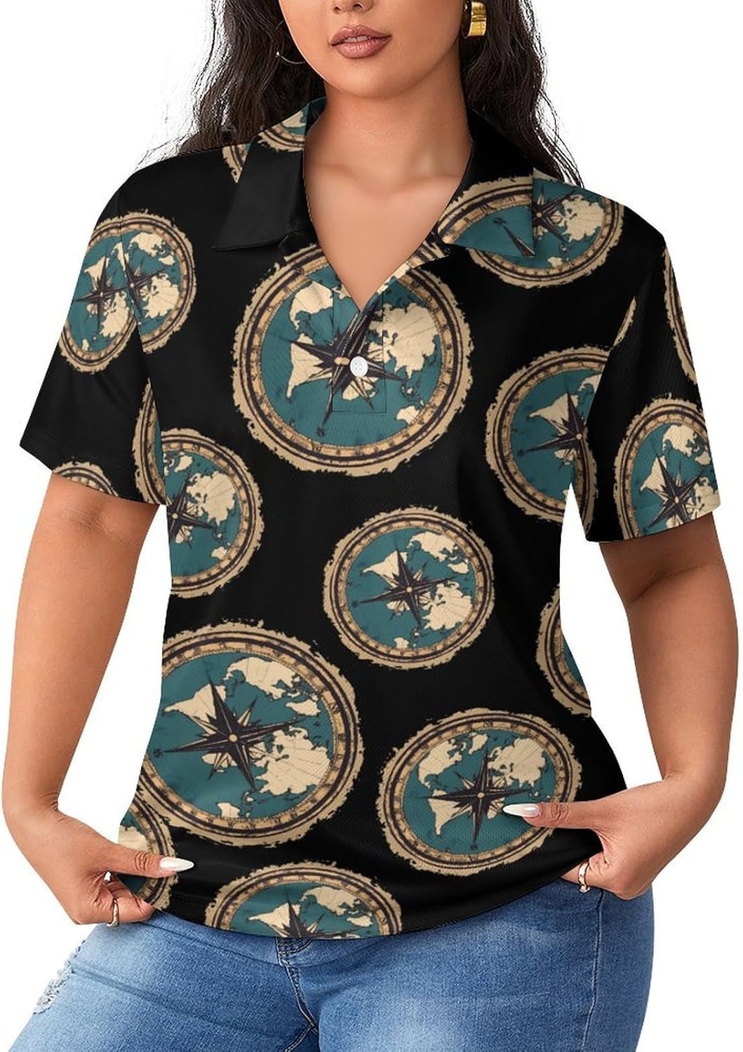 World Map Compass Sea Sailboat Womens Golf Polo Shirts Summer Short Sleeve Collared 3 Buttons T Shirt Activewear Tops
