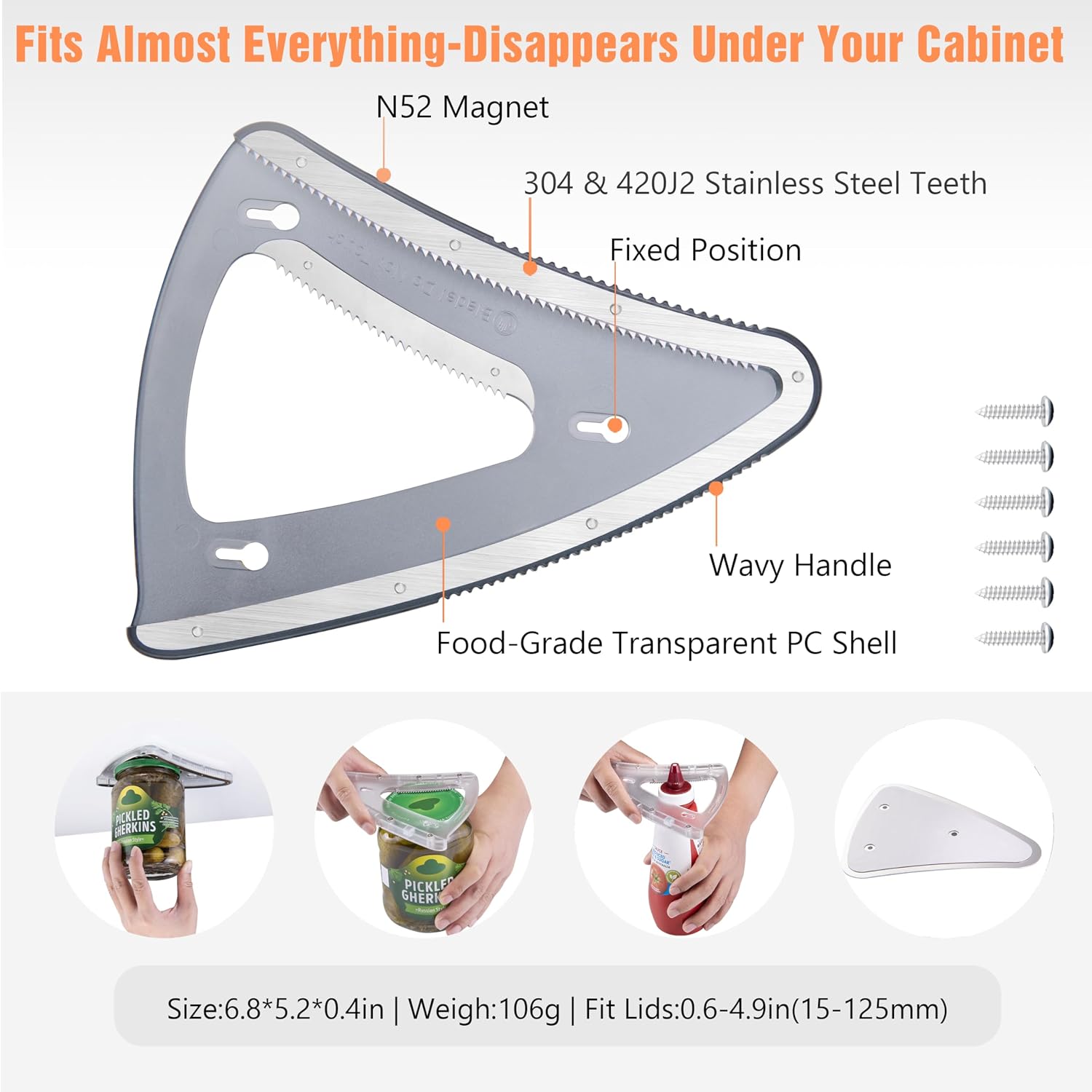 Uinxan 2-in-1 Jar Opener for Weak Hands & Seniors with Arthritis, Cabinet-Mounted & Handheld with Bracket, Magnetic Storage, Effortless Opening for Screw Lids&Bottle Caps, Stainless Steel(Transparent)