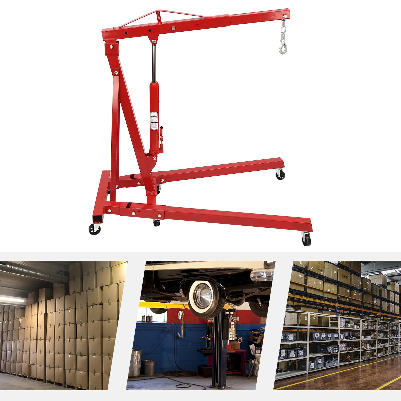 CaLaOCO Folding Hydraulic Crane 2 T Folding Engine Lift with 6 Wheels 6.89ft Lifting Height Hydraulic Engine Hoist for Car Fixing Workshops Garages Farm (red)