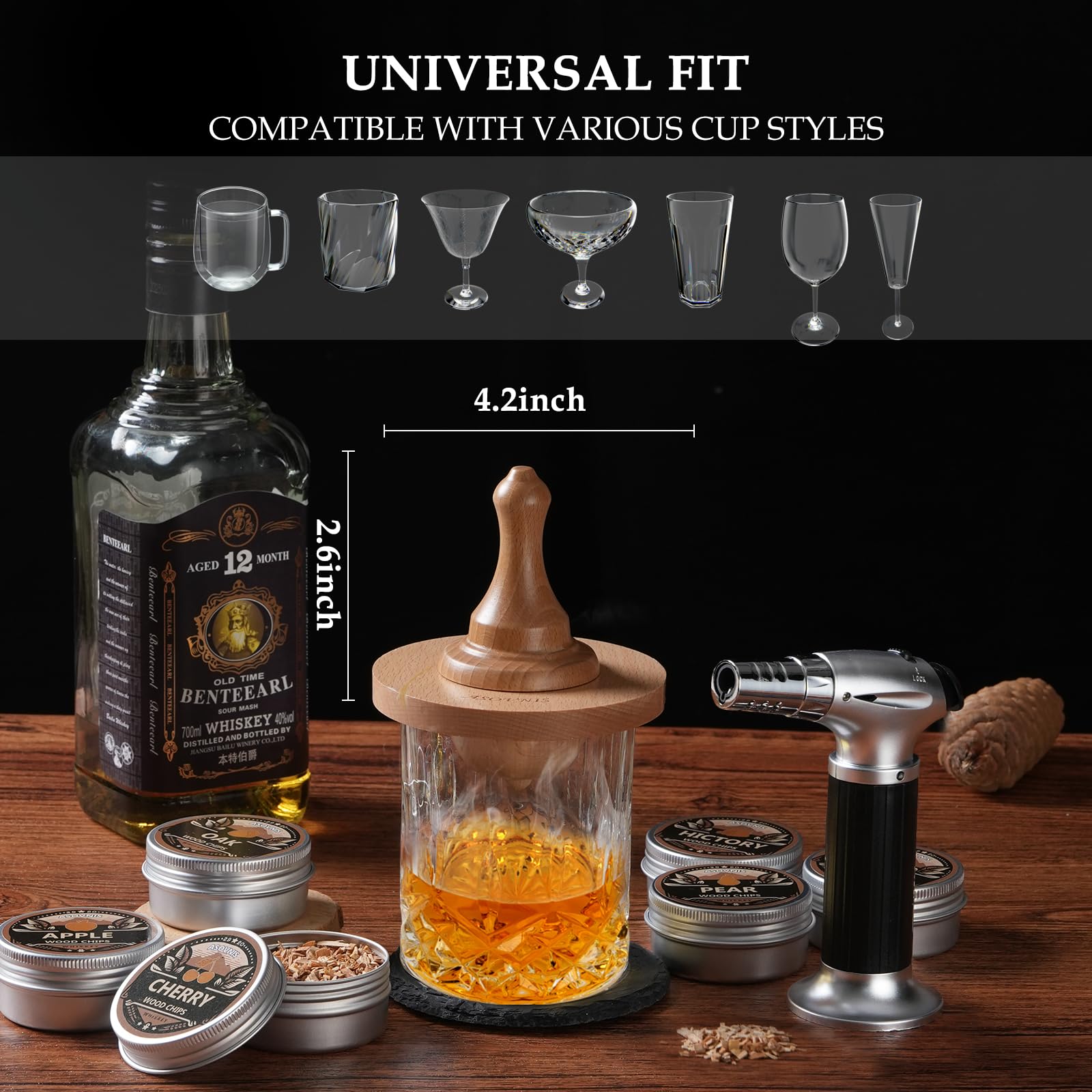 Kit affumicatore per whisky con torcia, 6 sapori di trucioli di legno, 2 bicchieri, 6 pietre, kit infusore per cocktail, bevanda vecchio stile, regalo di compleanno per uomini, papà (senza butano