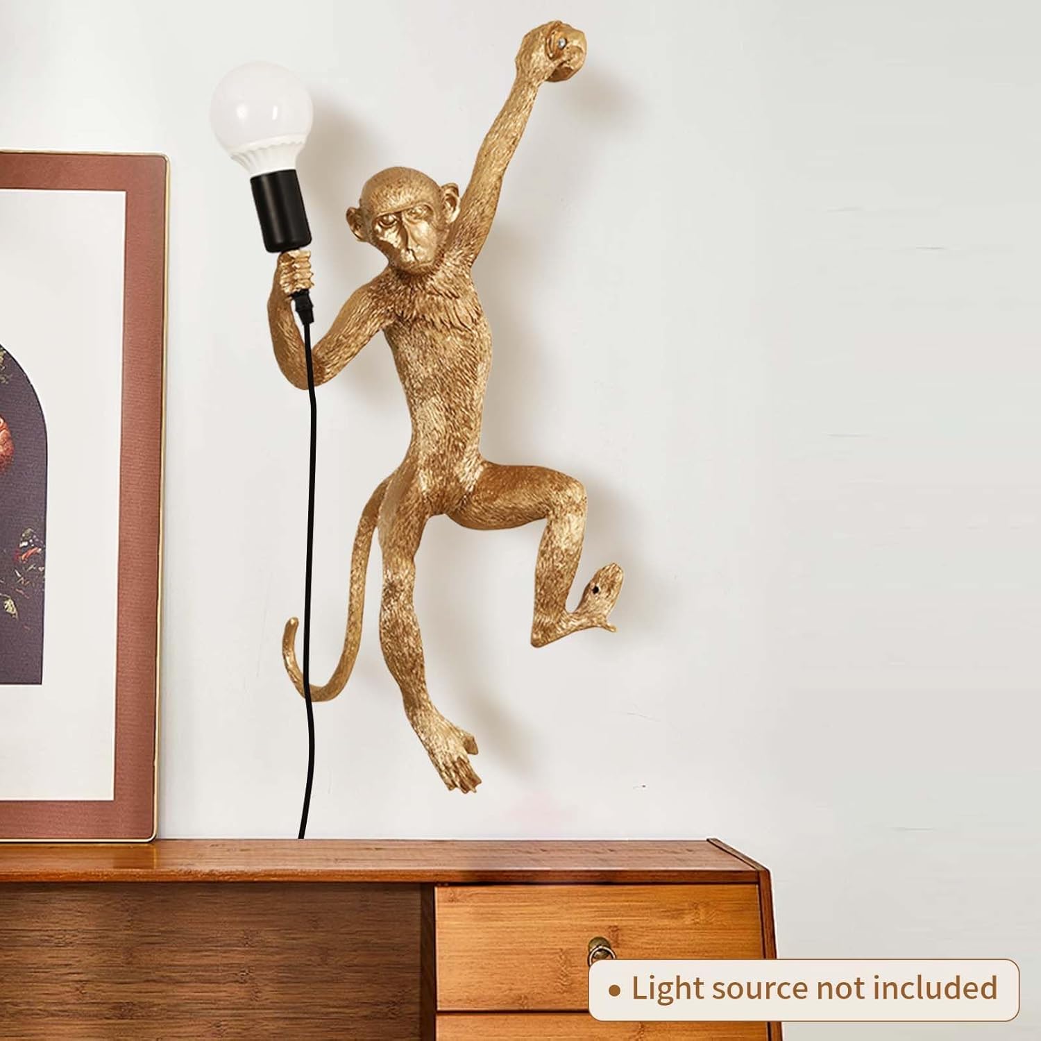 Creative Monkey Wall Lamp, Adjustable Angle Resin Decorative Light with E26 Socket, Gold Finish, for Bedroom, Living Room, Office, and More