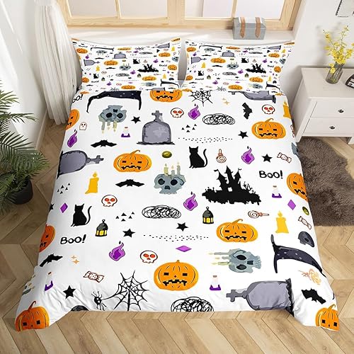 Miniatura 10 de Feelyou Juego de funda de edredón de Halloween, tamaño Queen con 2 fundas de almohada, decoración de Halloween, juego de ropa de cama de fantasma,