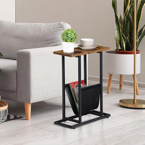 ZENY Small Narrow Side Table for Small Spaces, Slim End Table Magazine Table, Skinny Snack Couch Bedside Table, Nightstand with Storage Holder, Rustic Brown