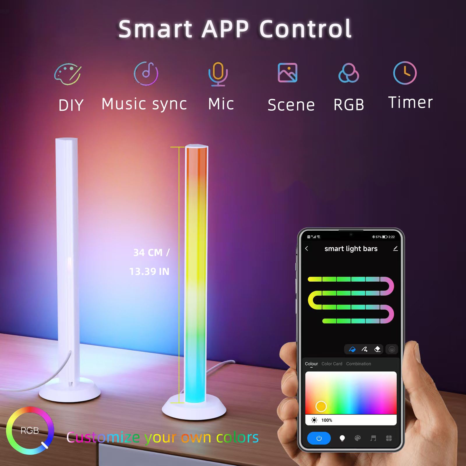 Barra de luz LED inteligente, luz de fondo de TV, barra de luz RGB para habitación con 16 millones de colores, luces de juego que se sincronizan con música, control de aplicación de iluminación