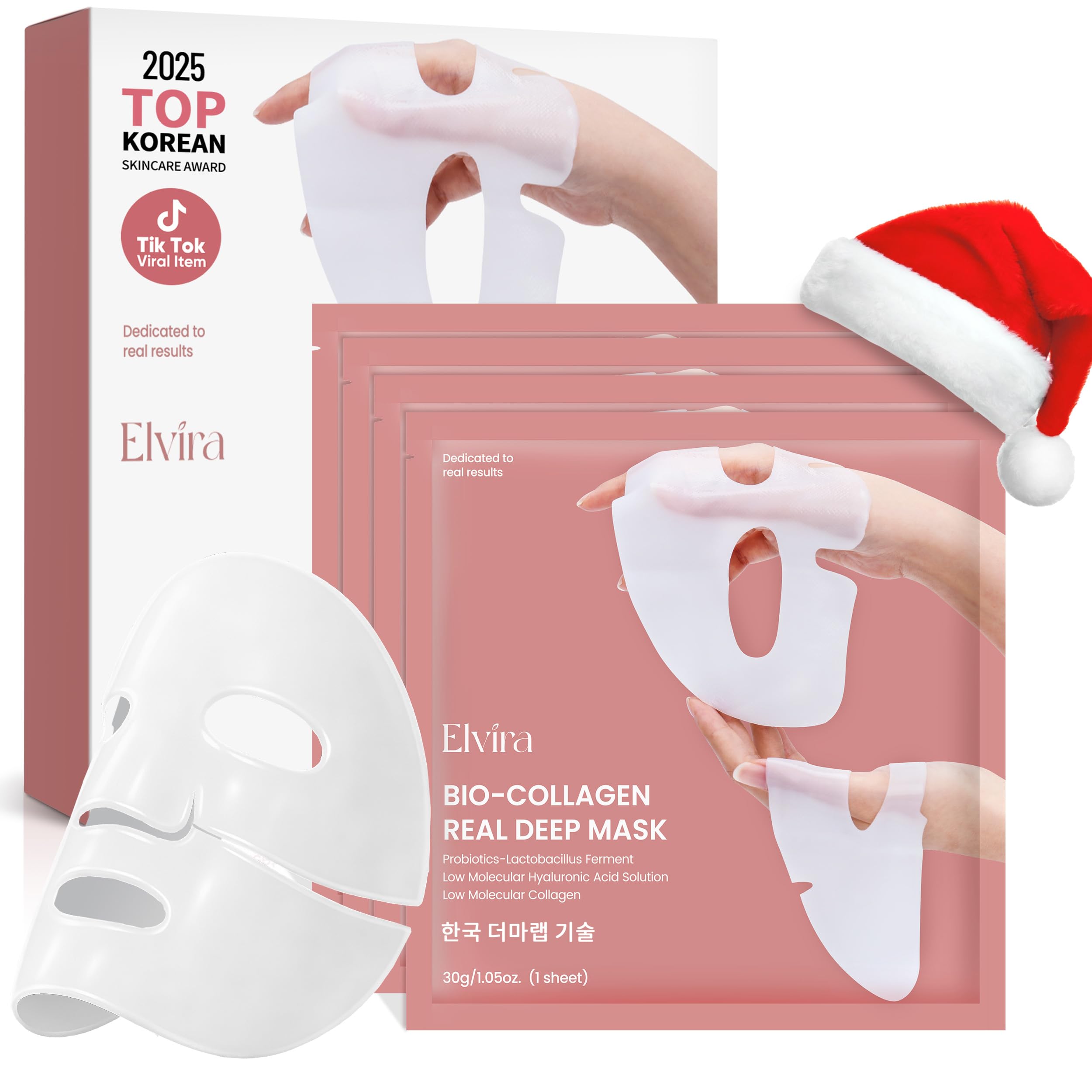 Bio-Collagen Real Deep Mask, Overnight Hydrating Face Mask with Hyaluronic Acid, Korean Skincare Face Mask for Moisturizing and Firming, Face Masks Sheet for All Skin Types, 4 Pack