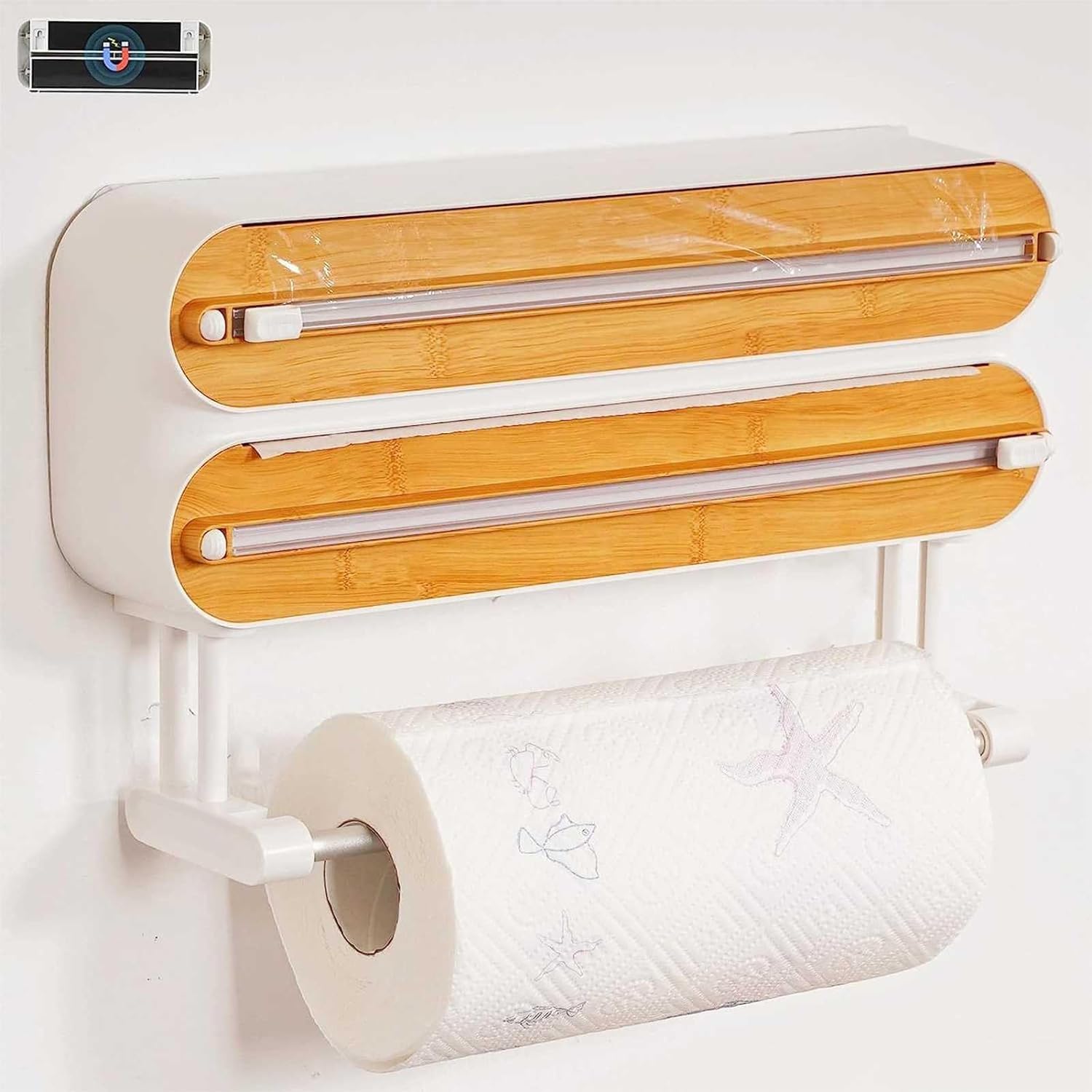 Distributeur de film magnétique et de film plastique 3 en 1 avec coupeur Distributeur de film alimentaire réutilisable avec coupeur Organisation et rangement de feuille d'aluminium avec support mural