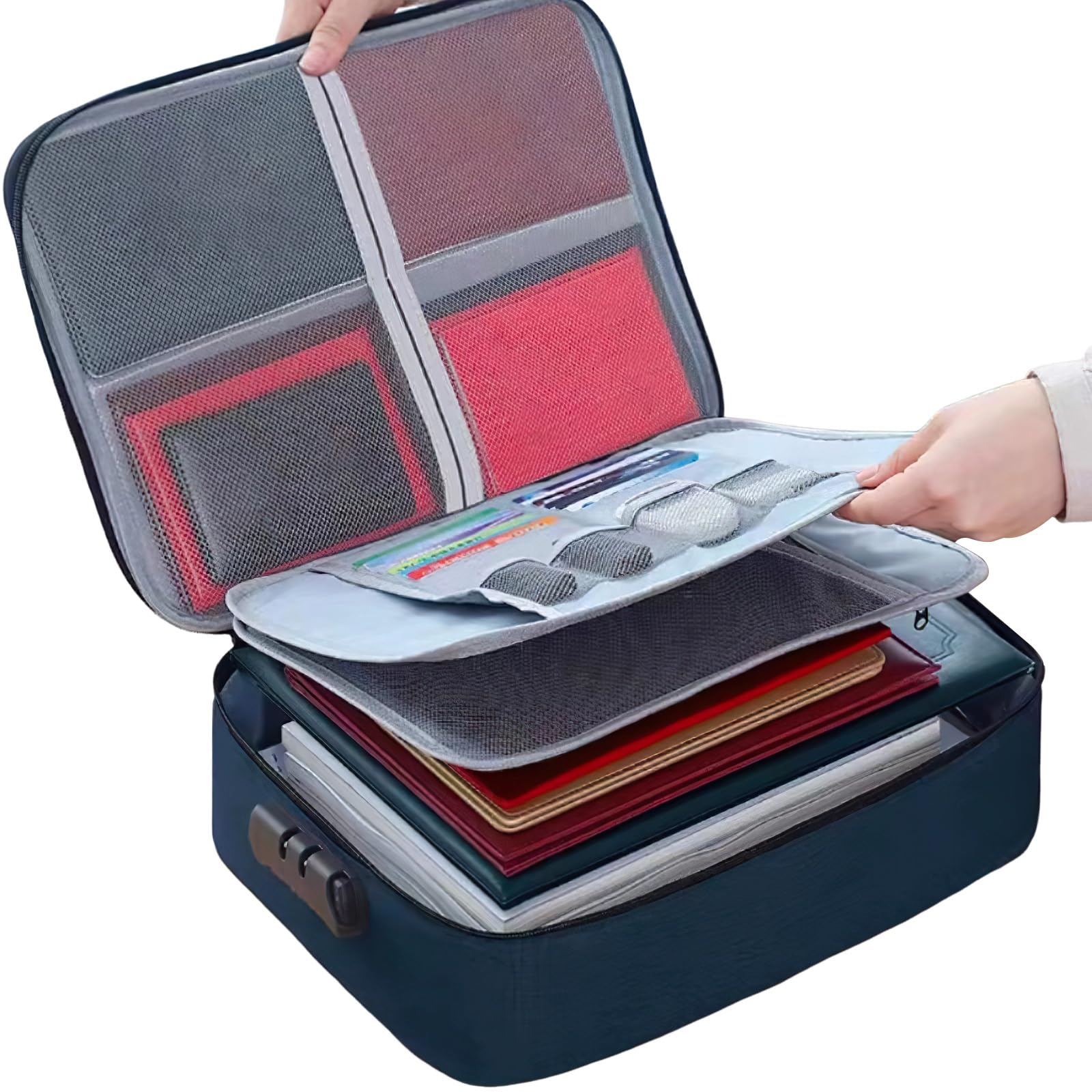 Kouamor Blue 37*27*10Cm Fireproof Document Box, Lockable Storage Box, Document Organiser, Fire Proof Documents Storage Box, Waterproof File Organiser Box, File Storage Boxs With Inserts Bags And Zipper (Blue)
