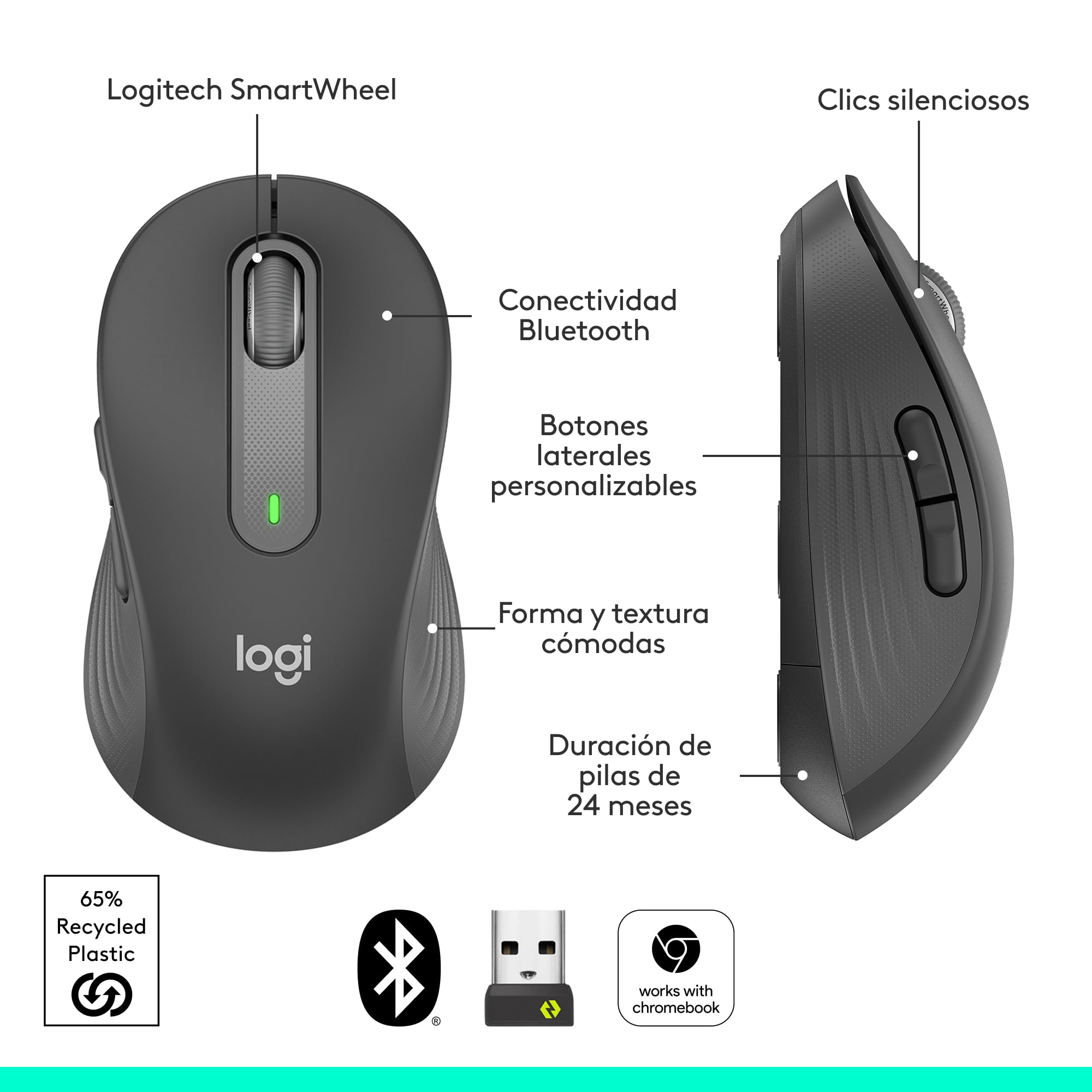Logitech Signature M650 L ratón inalámbrico de tamaño Normal - para Manos Grandes, 2 años de Pila, clics silenciosos, Botones Personalizables, Bluetooth, PC/Mac/multidispositivo/Chromebook - Grafito