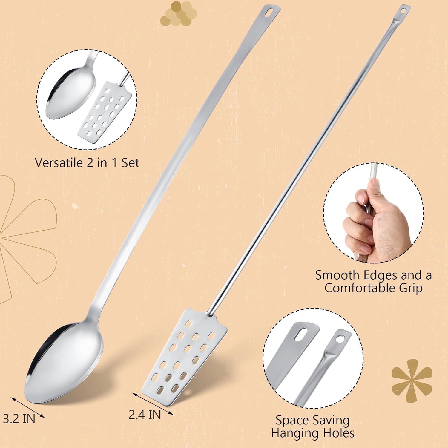 Maxdot 2 Pcs 24" Stainless Steel Spoon and Paddle Set, Long Handle Spoon Paddle for Mixing Stirring Brewing Mash for Crawfish Jam Home Canning Cooking