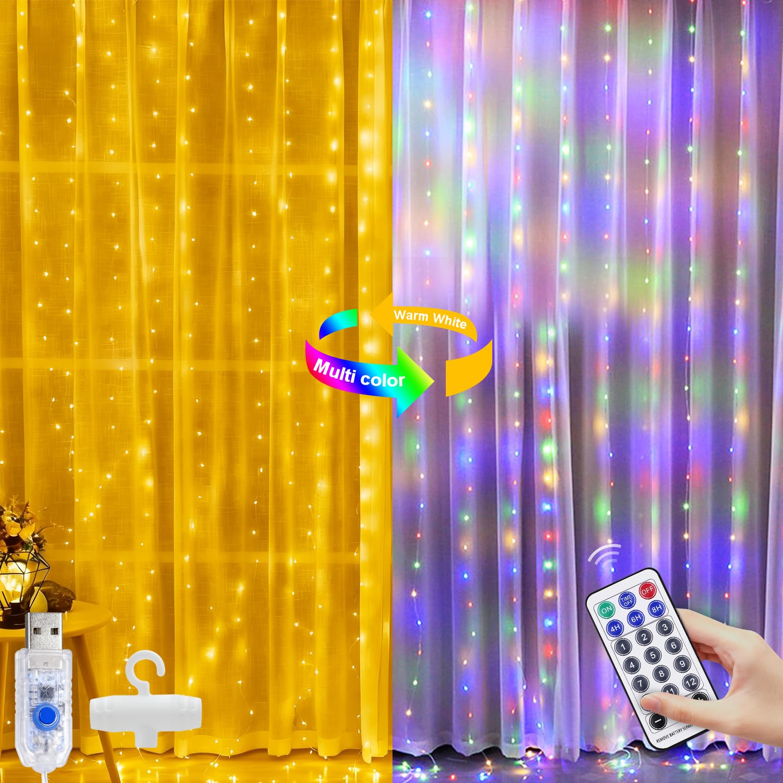 A.bigwhale Lichtervorhang Innen 3x3m, 300 LED Lichterketten Vorhang Dimmbar mit 12 Modi Fernbedienung Timer, USB Lichterkette Warmweiß/Bunt für Wand Party Fenster Schlafzimmer Weihnachten Deko