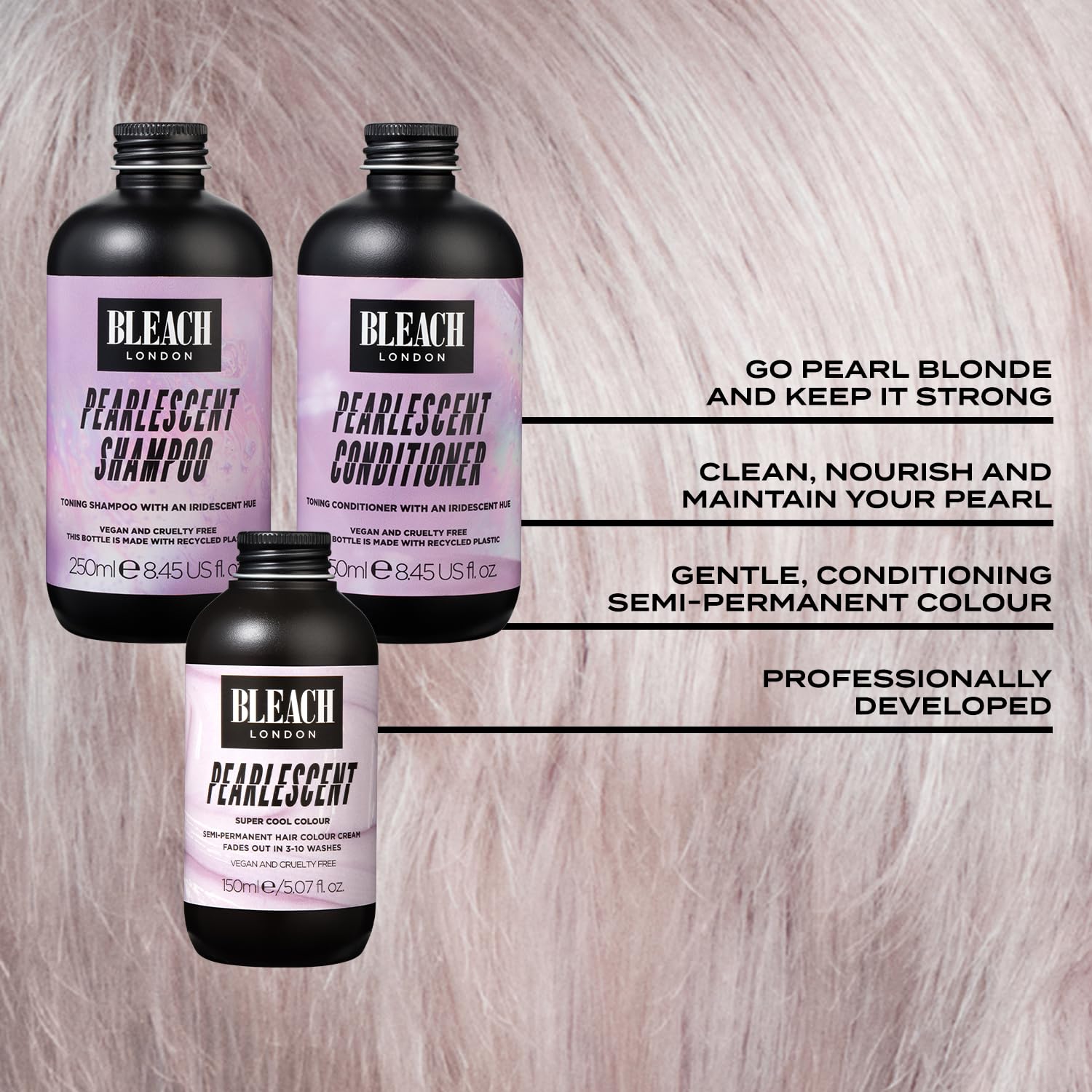 "BLEACH LONDON Pearlescent Semi-Permanent Hair Colour 150ml, Shampoo and Conditioner 250ml- Colour maintenance set for a pearly blonde - 3 pack"