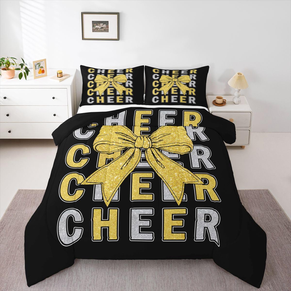Feelyou Cheer Bow Bedding Set Soft for Boys Girls, Glitter Cheerleader Comforter Set Toddler Size Cheerleading Duvet Quilt Microfiber Sport Bedroom Decor 2 Pcs with 1 Pillow Cases