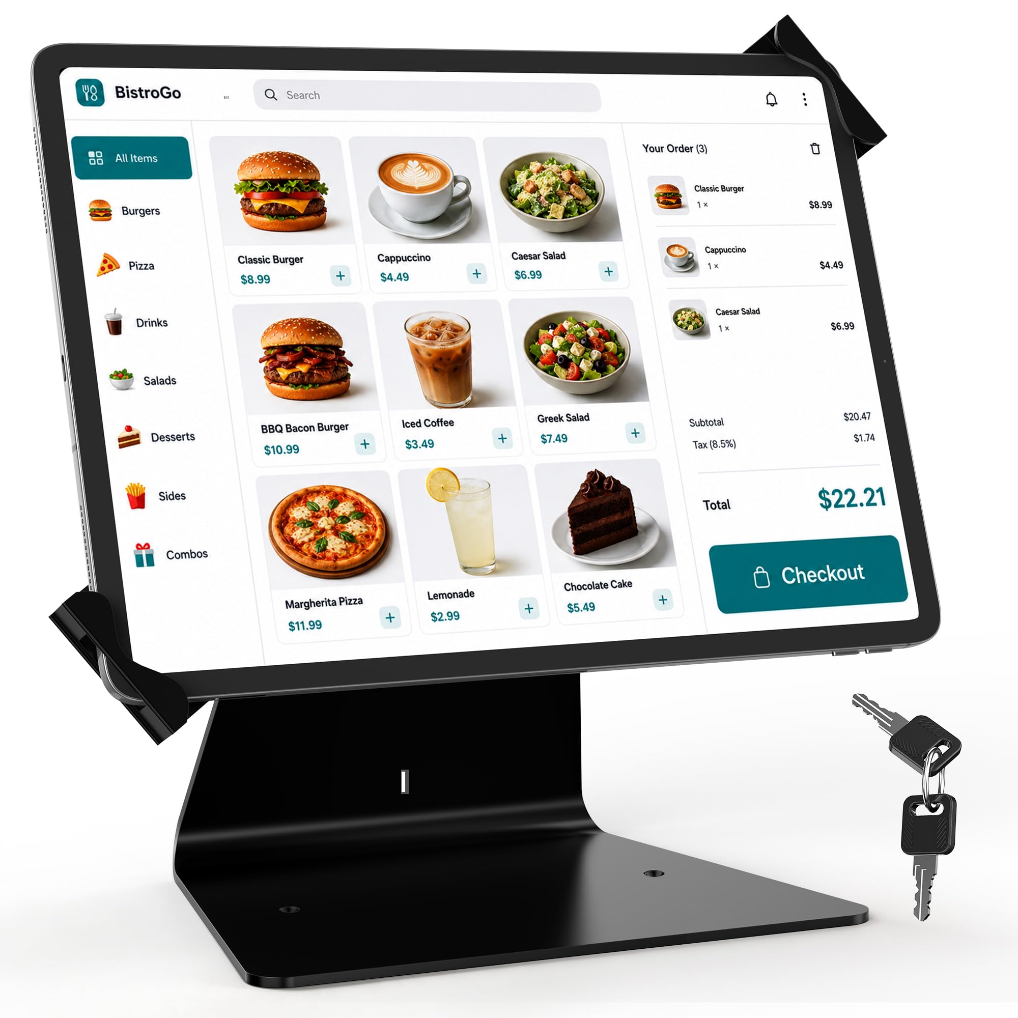 Soporte de escritorio antirrobo para quiosco de seguridad para la mayoría de iPad de 8 a 14 pulgadas, y para iPad de 10.2, 10.5, 11.9 y 11 pulgadas con cerradura y llave, giro y diseño, Negro